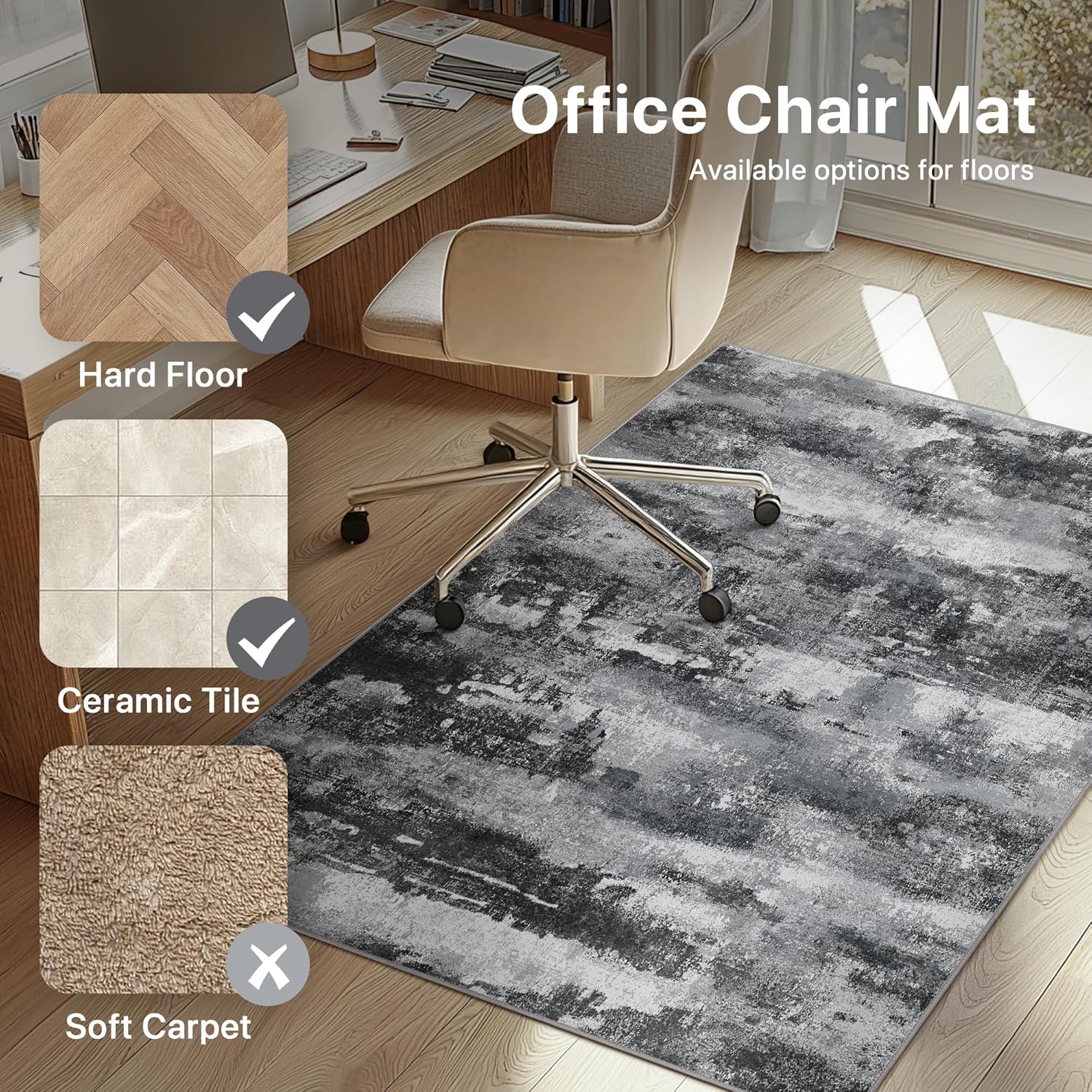 Office Chair Mat for Hardwood Tile Floor, Abstract 36"X 60" Desk Mats for Office Chair on Rolling Chairs Carpet, Desk Anti-Slip 1/5" Thick Rug for Computer Chair, Thin Low-Pile Floor Mat, Dark