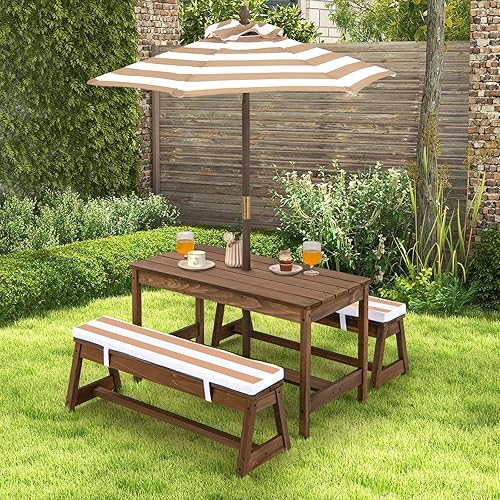 Miniatura 9 de Costzon - Mesa de picnic para niños, juego de mesa y silla de madera para niños con cojines, sombrilla de altura ajustable, juego de muebles de
