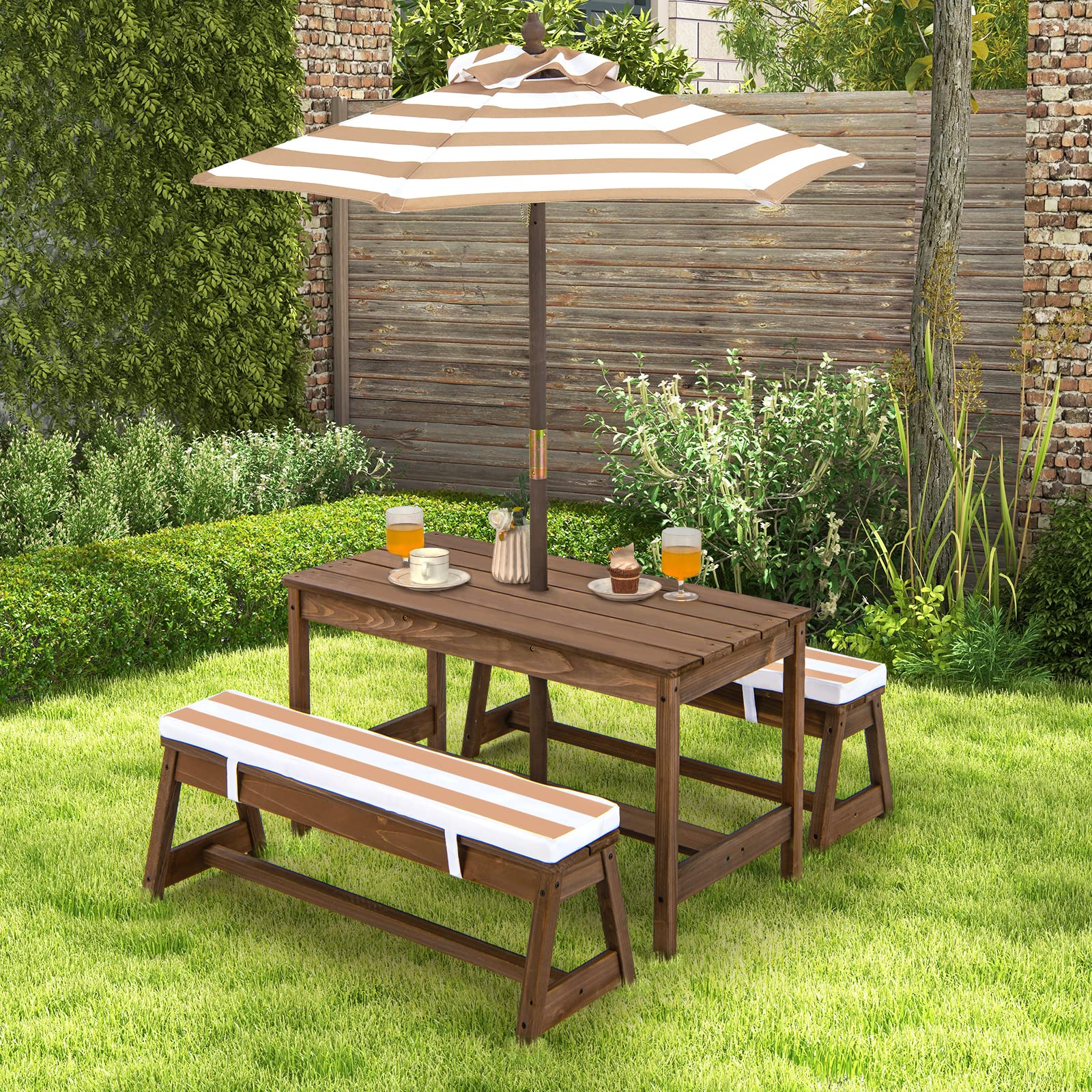 KOMFOTTEU Kindersitzgruppe mit 2 Bänke und verstellbarem Schirm, Kinder Gartenmöbelset aus Tannenholz, Braun