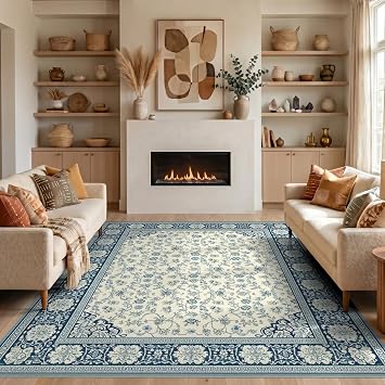 8x10 Washable Area Rug Table Vintage Farmhouse Distressed Damask Lattice Border Scroll Foldable Easy Care for King Size Bedroom, Master Suite, Under Bed