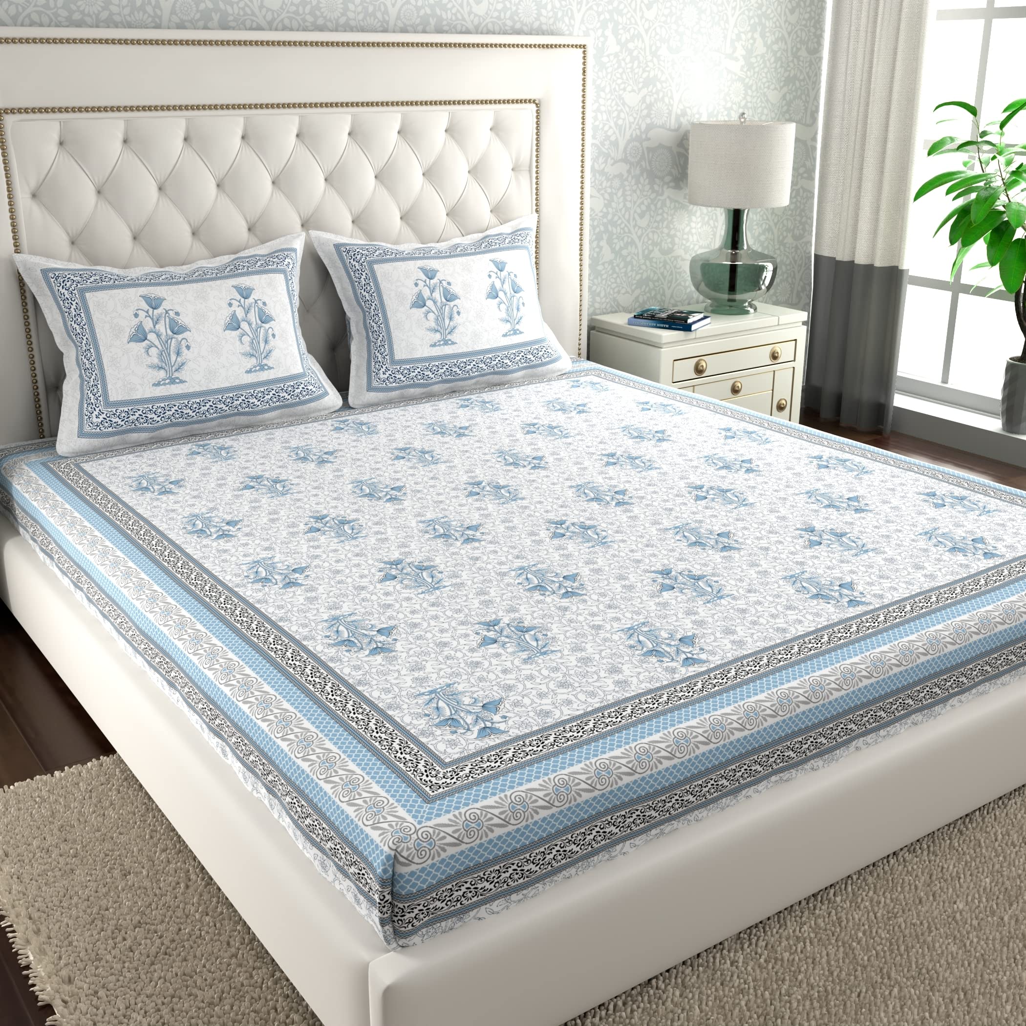 La Verne140 TC 100% Cotton King Size Jaipuri Rjasathani Print Bedsheet with 2 Pillow Covers (Light Blue) (B0BZWDP4SY) Amazon Price History, Amazon Price Tracker