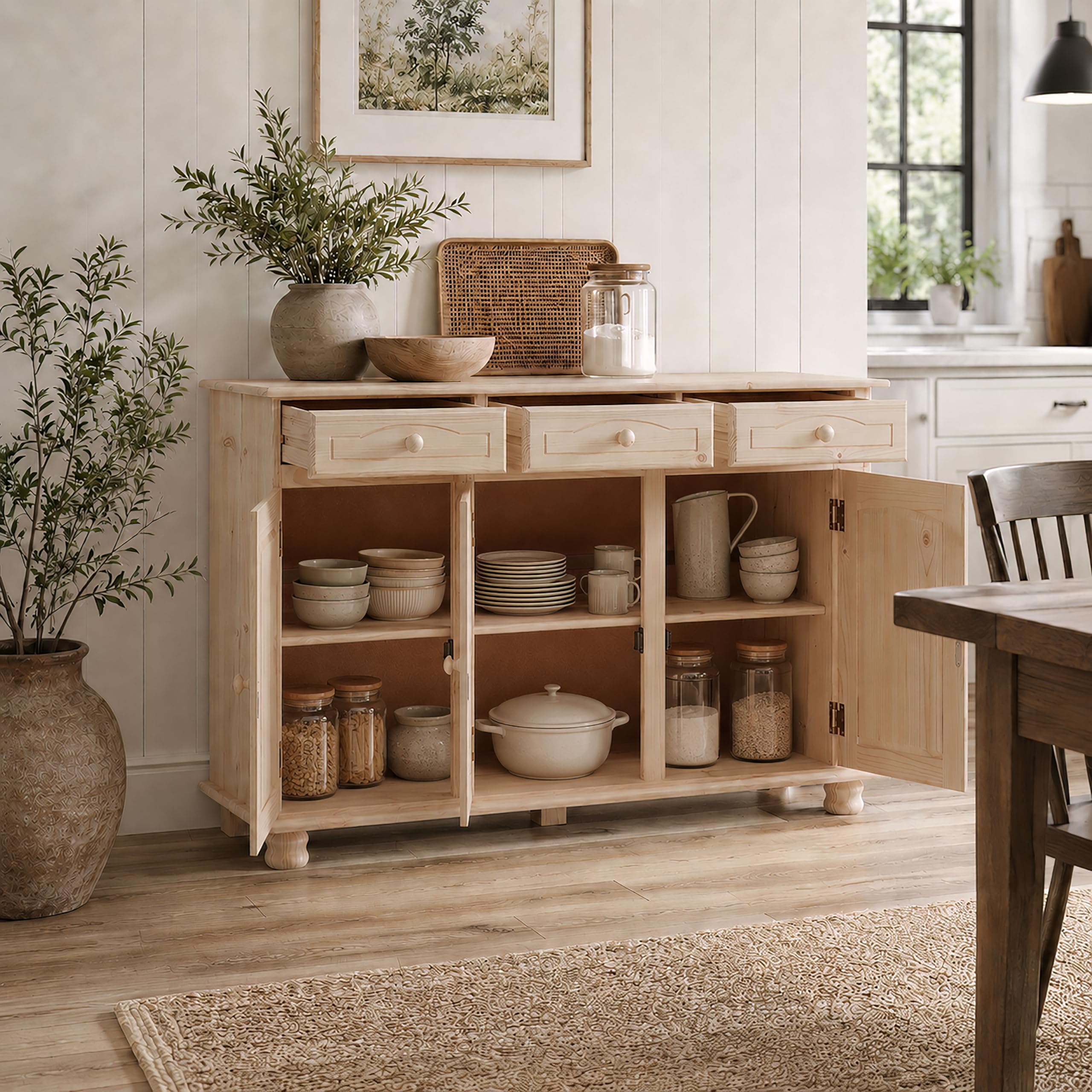 Dogar Altea aparador de 3 Puertas y 3 cajones 86x130x42 cm, AltoxAnchoXfondo, Acabado sin barnizar Mueble Fabricado en Pino Madera de Macizo