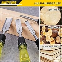 Vista 5 de HURRICANE Juego de 4 cinceles de madera para carpintería. Cuchillas de borde biselado de acero CR-V con tapas de seguridad. Agarre extra grande
