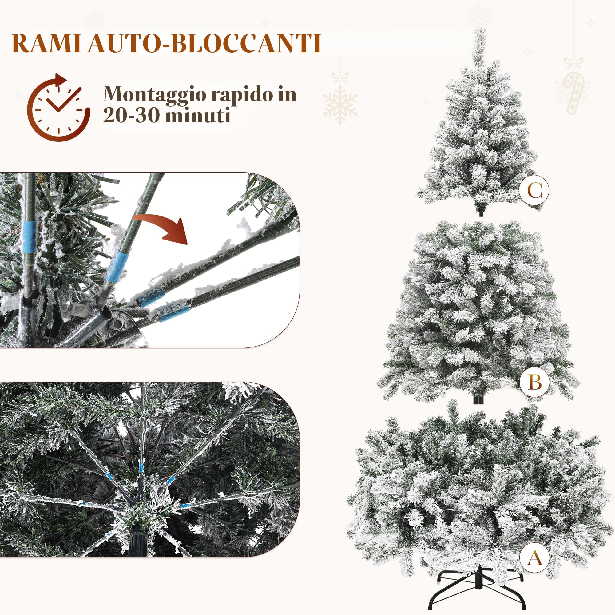 YITAHOME 229 cm, albero di Natale artificiale con neve, circa 1346 punte di abete con telaio pieghevole e supporto in metallo pieghevole, montaggio rapido per casa, ufficio, negozi, 229 x Φ115 cm