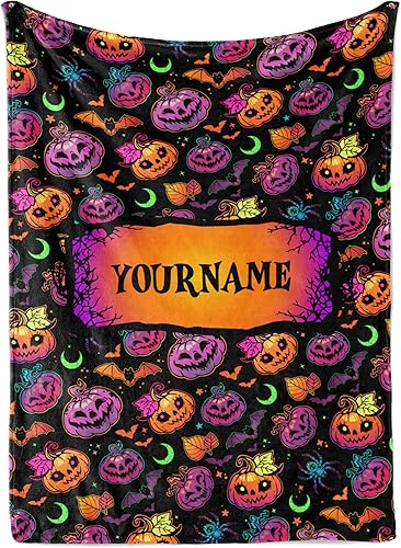 Manta personalizada de calabaza morada de Halloween, se envía al día siguiente, fabricada en Estados Unidos, suave, ligera, manta de vellón o sherpa