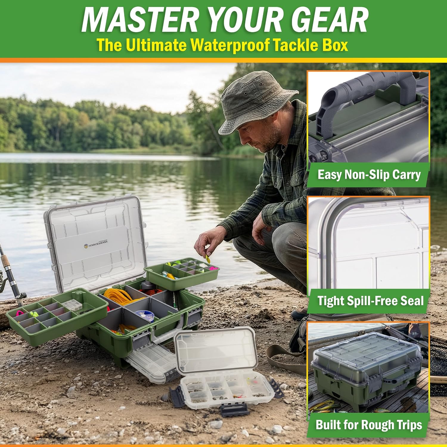 Fishing Tackle Box Organizer - Dual Layer Heavy Duty Plastic Tacklebox Storage Box with Adjustable Dividers and 2 Removeable Tackle Trays - Fishing Gear and Equipment by Wakeman Outdoors (Green)
