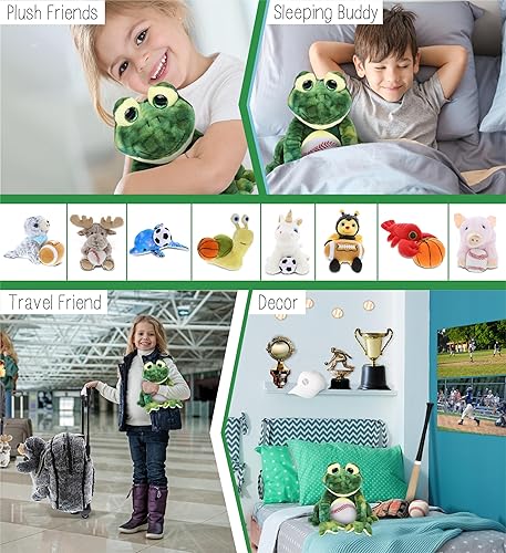 Miniatura 4 de DolliBu Peluche de rana en cuclillas con peluche de béisbol, rana suave para abrazar, adorable juguete de peluche de rana para jugar, muñeca de