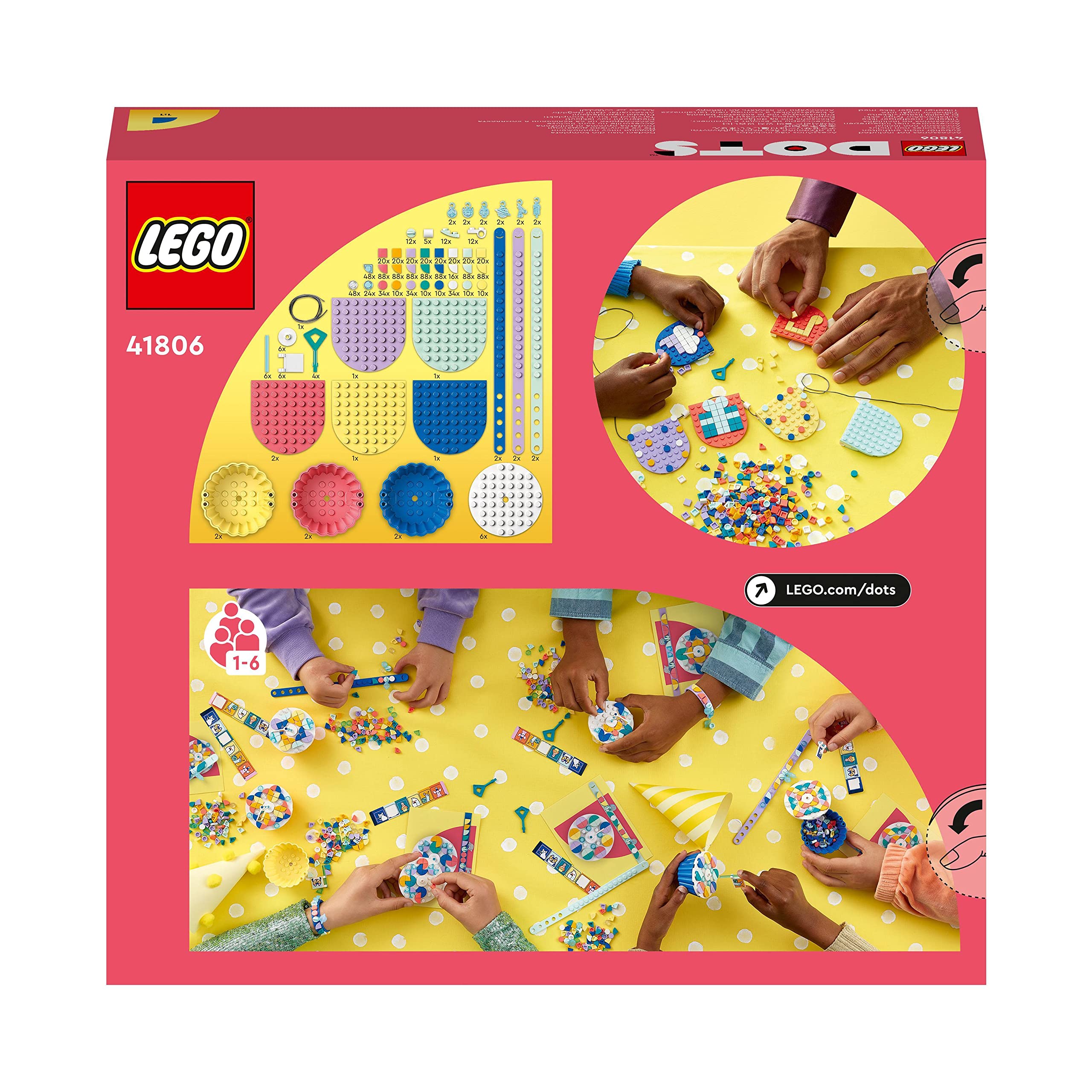LEGO 41806 DOTS Ultimatives Partyset, Partyspiele für Kinder, Mädchen und Jungen, DIY-Partytütenfüller mit Spielzeug-Cupcakes, Armbändern und Wimpeln, kreative Deko und Geschenk