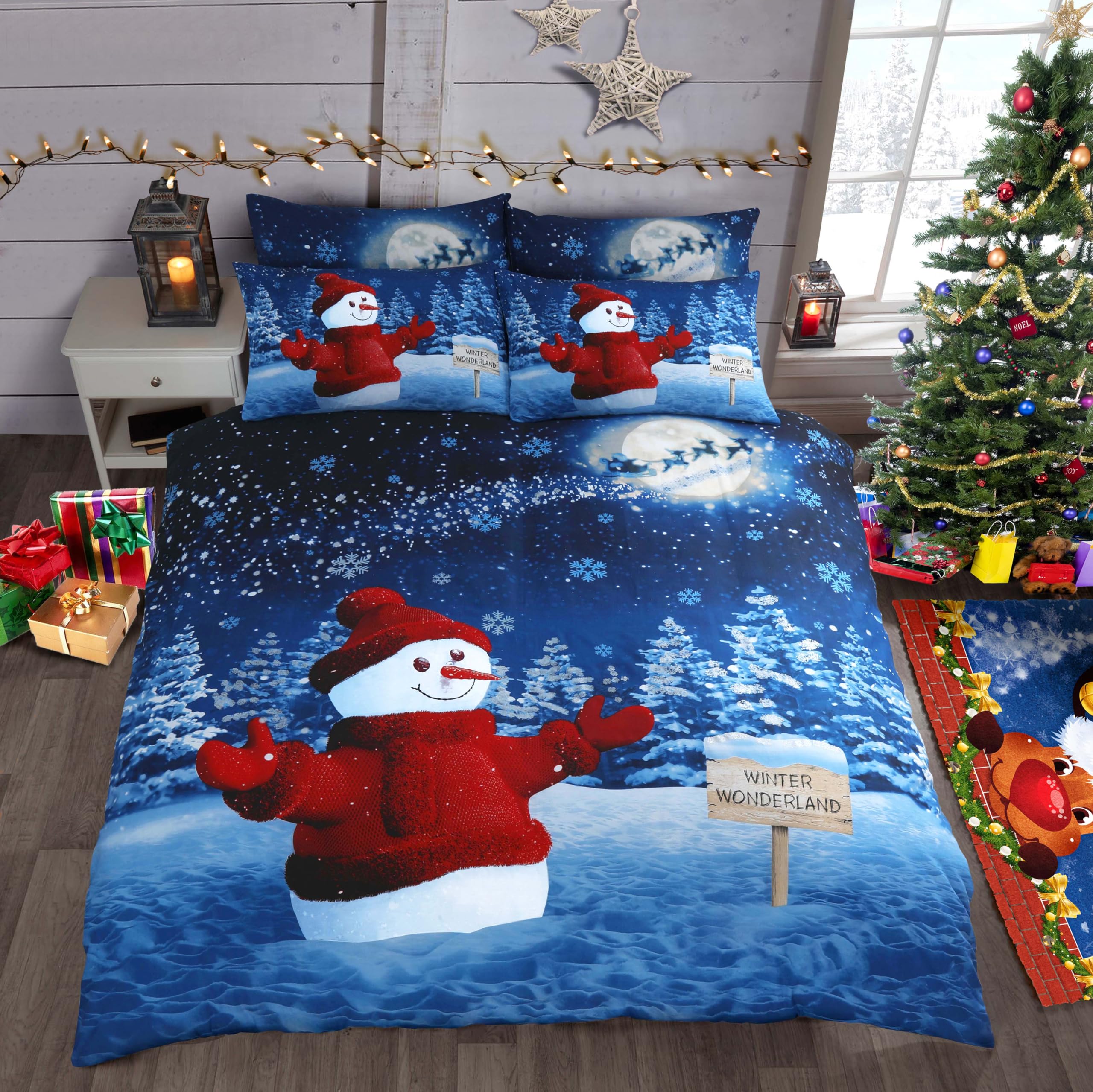 Florelle Winter Wonder Land Snowman Glitter Effect Christmas Duvet Cover Quilt Bedding Set Snowy Reindeers Cotton Rich Button Enclosed Premium Bedding Set with Pillowcase(s) (King)