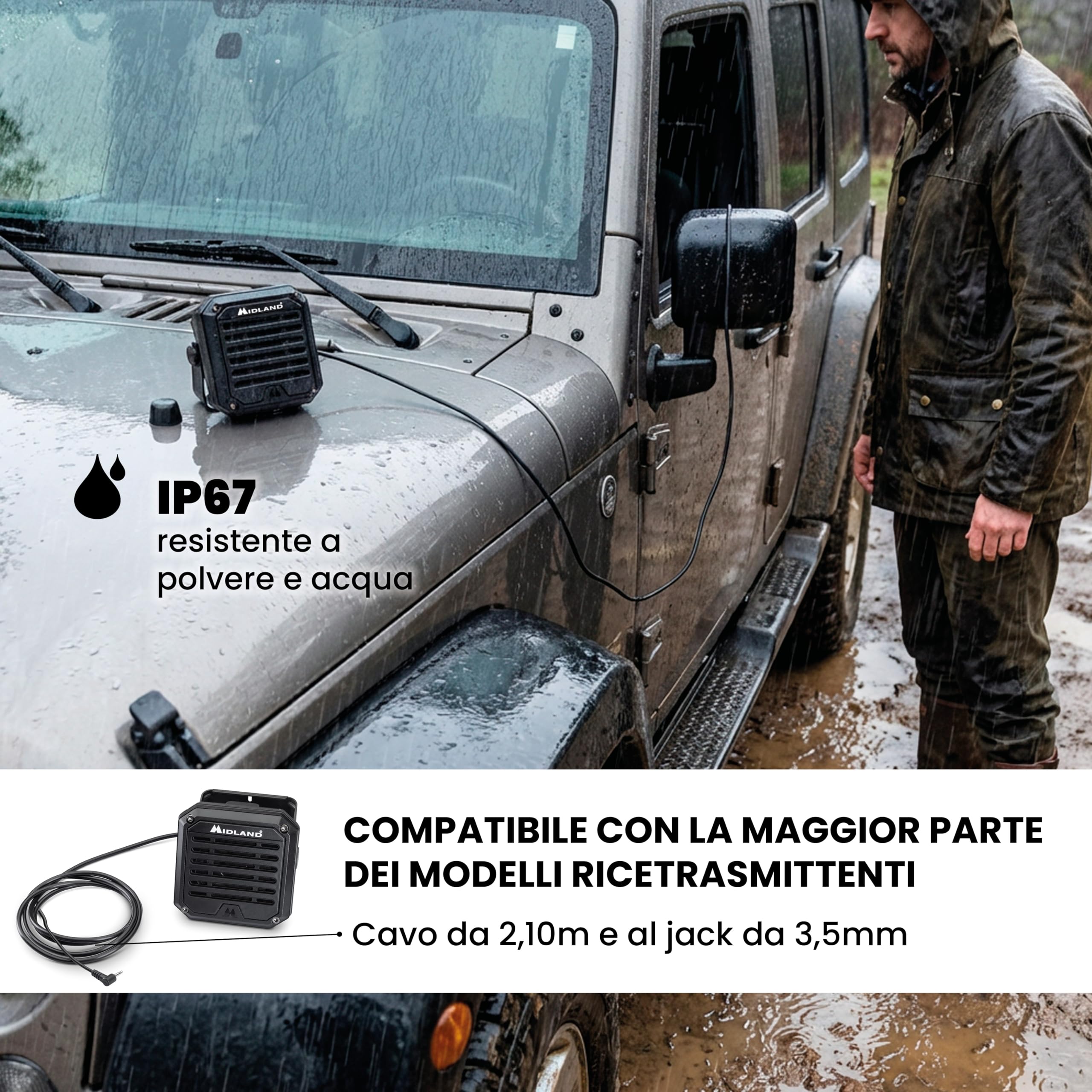 Midland - AU50 XTREME Altoparlante Esterno 20W per Radio CB, Veicolari e Marittime, IP67 Resistente a Urti, Polvere e Acqua - Accessorio CB Radio con Staffa e Cavo Inclusi, 142 x 129 x 110 mm