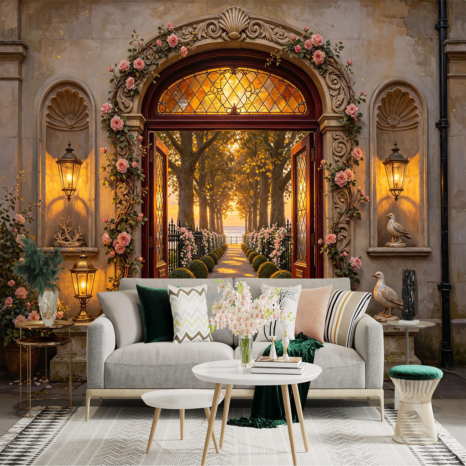 Custom Size Wall Sticker Mural， Vintage Garden Archway with Sunset Path and Floral Entrance， for wall Decoration， peelandstick wall Decals.