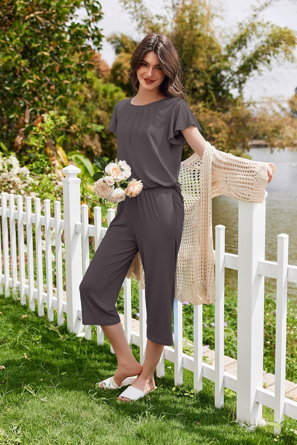 Ekouaer Capri Pajamas Set Women's Ruffle Sleeve Top and Capri Pants Soft Sleepwear Loungewear with Pockets - Image 4