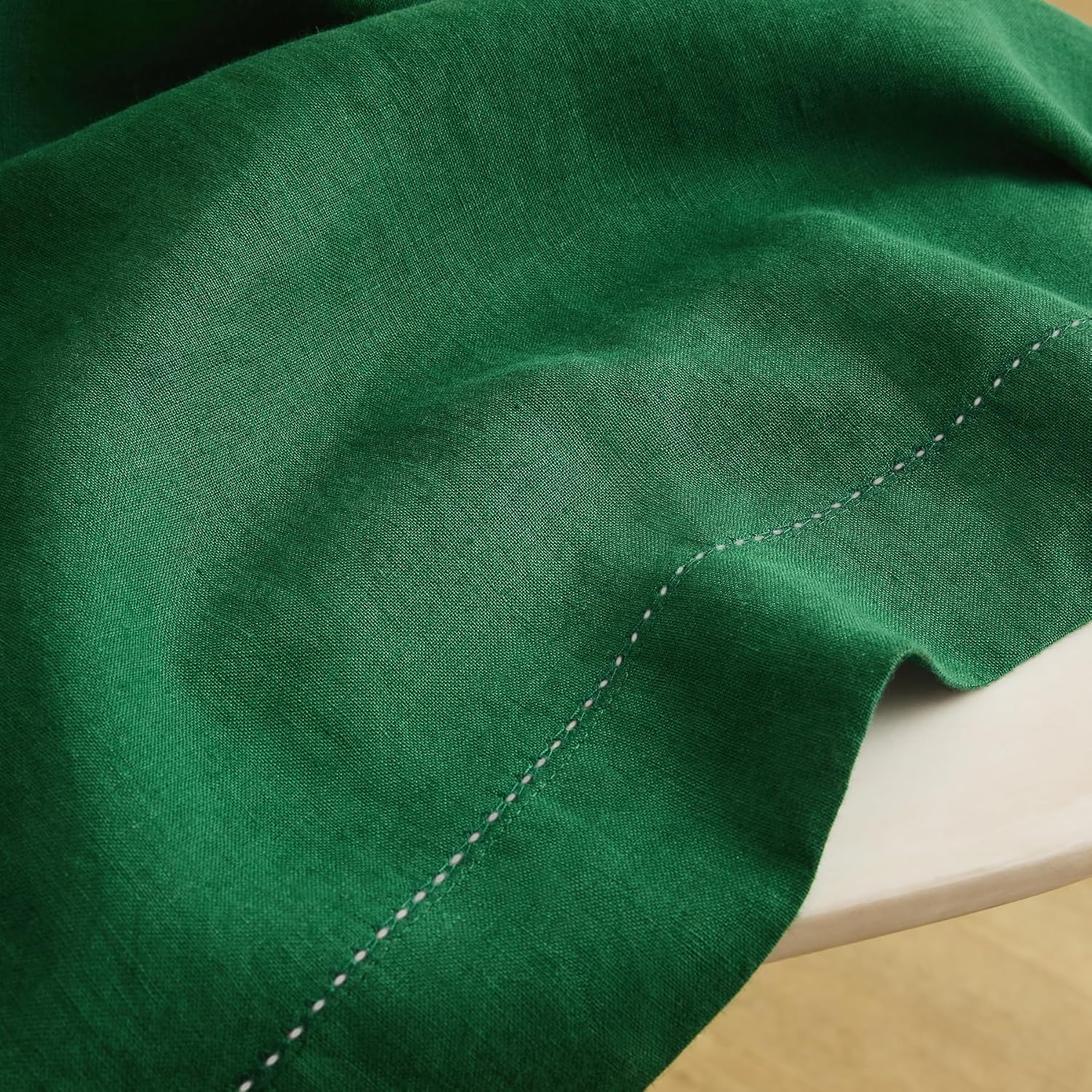 Solino Home Green Linen Tablecloth 70 x 144 Inch - 100% Pure Linen Hemstitch Table Cloth for Rectangle Tables - Sonoma Hemstitch, Machine Washable Tablecloth