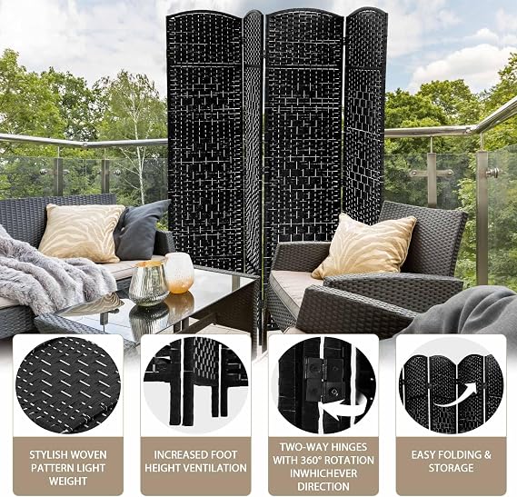 Room Divider 6 Ft Folding Wall Divider with Diamond Woven Fiber, Indoor Portable Room Partitions and Dividers for Room Separation,Rattan Room Dividers and Folding Privacy Screens,Black(4 Panel)