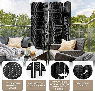 Room Divider 6 Ft Folding Wall Divider with Diamond Woven Fiber, Indoor Portable Room Partitions and Dividers for Room Separation,Rattan Room Dividers and Folding Privacy Screens,Black(4 Panel)