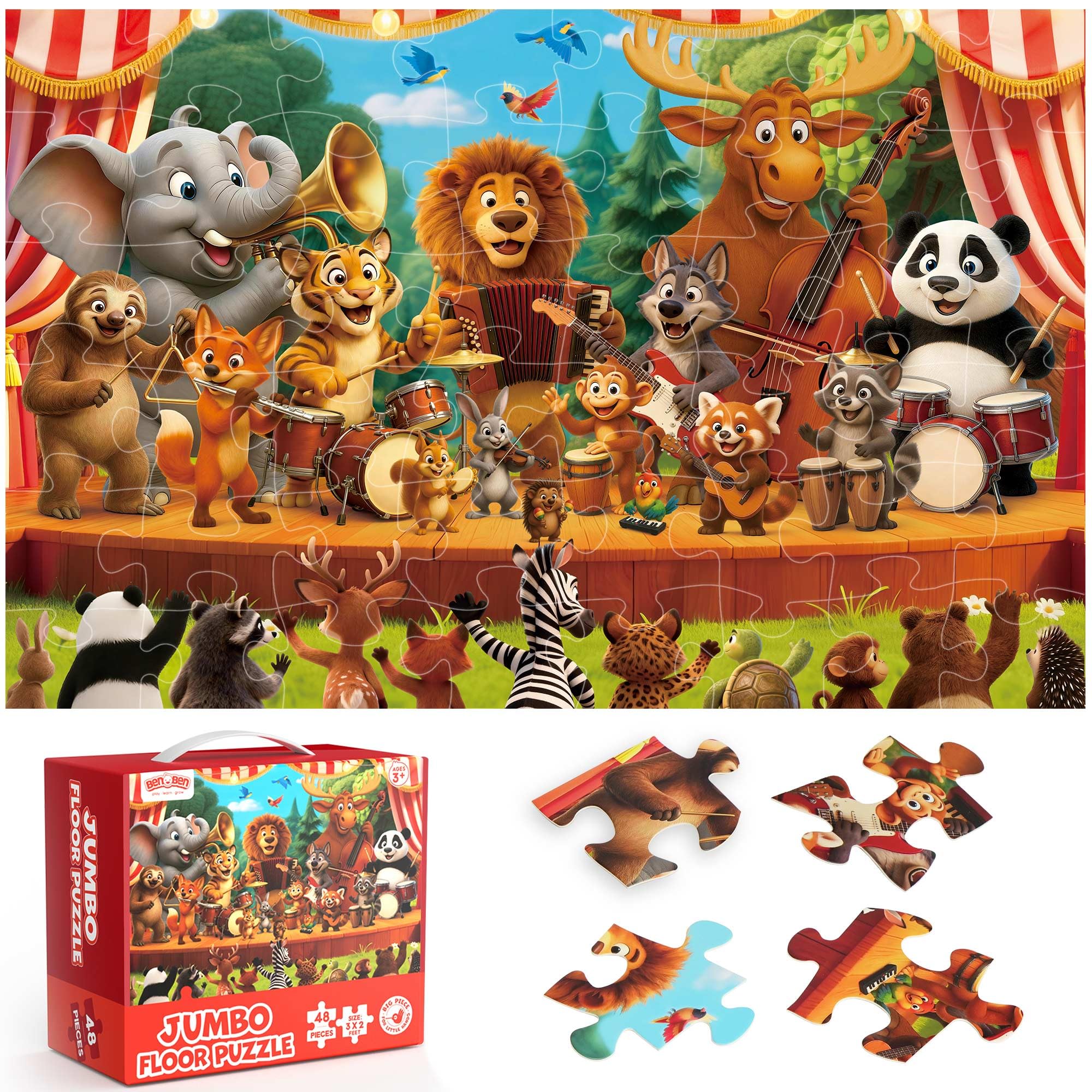 BenBen Bodenpuzzle für Kinder, 48 Teile, 2 x 3 Fuß, Waldtierpuzzle für Kinder von 4 bis 6 Jahren, großes Puzzle für Kleinkinder, Geschenk für Jungen und Mädchen