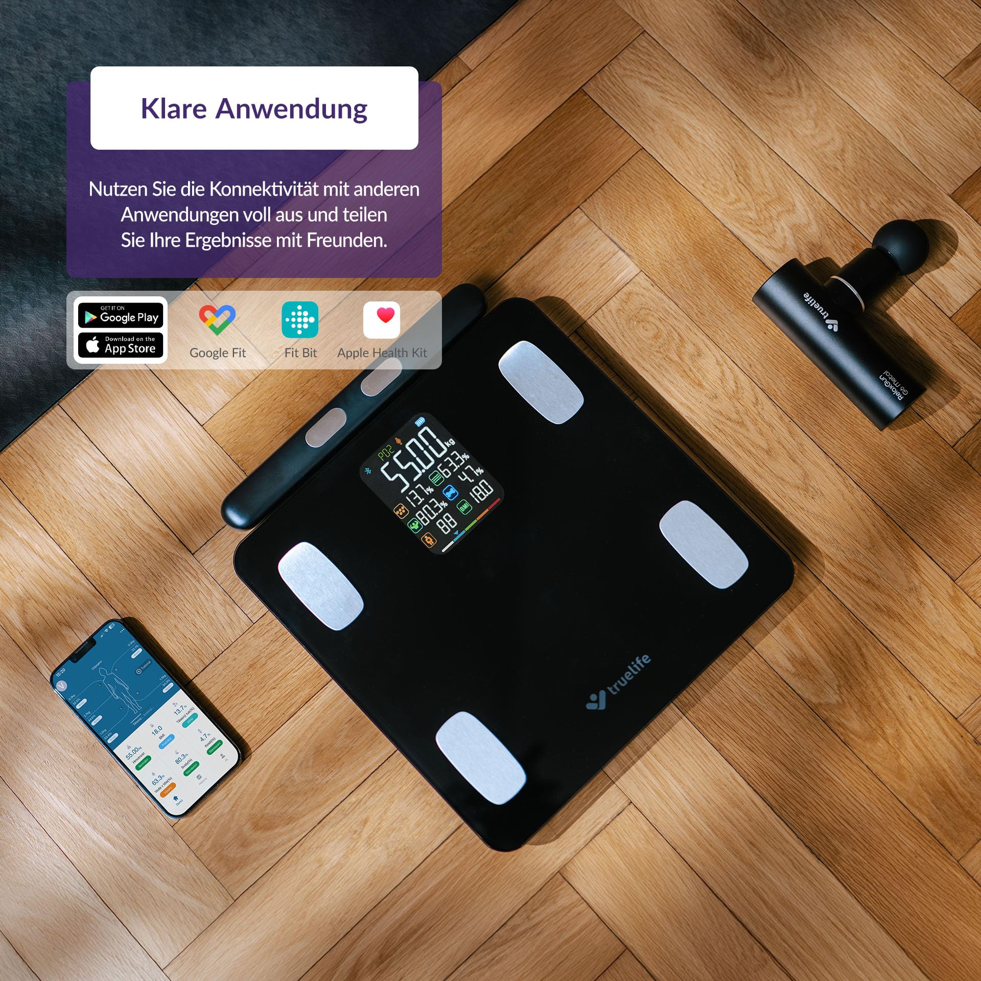 TrueLife FitScale W8 Black, Bilancia diagnostica personale Bluetooth, misurazione tramite analisi dell'impedenza bioelettrica, 15 indici del corpo misurabili, display LCD a colori, fino a 16 utenti
