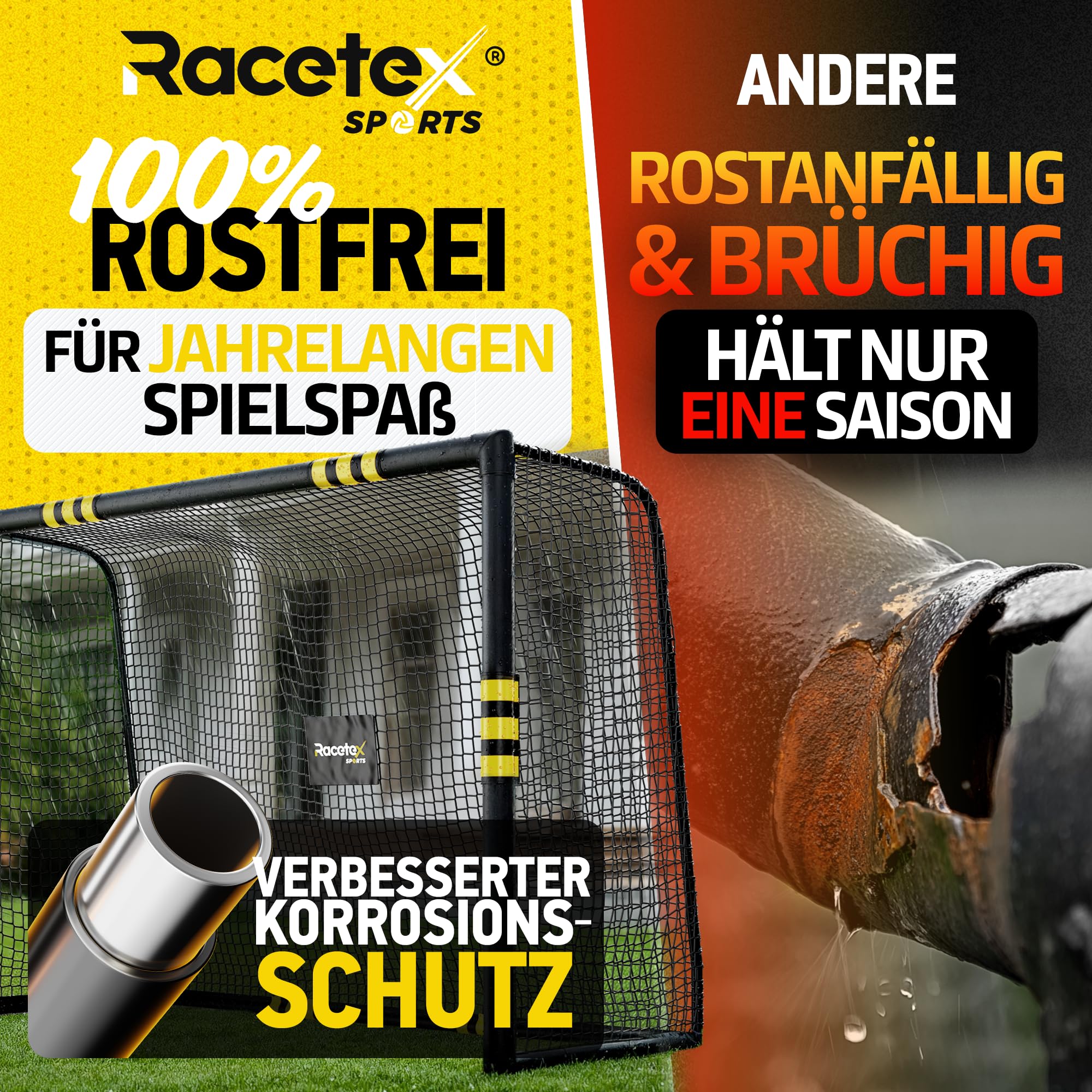 Racetex Fussballtore für Garten Kinder und Erwachsene mit [Anti-Rost Beschichtung] - Fußballtor Kinder inkl. Erdanker für optimalen Halt - Fußball Tor mit rundum Polsterung
