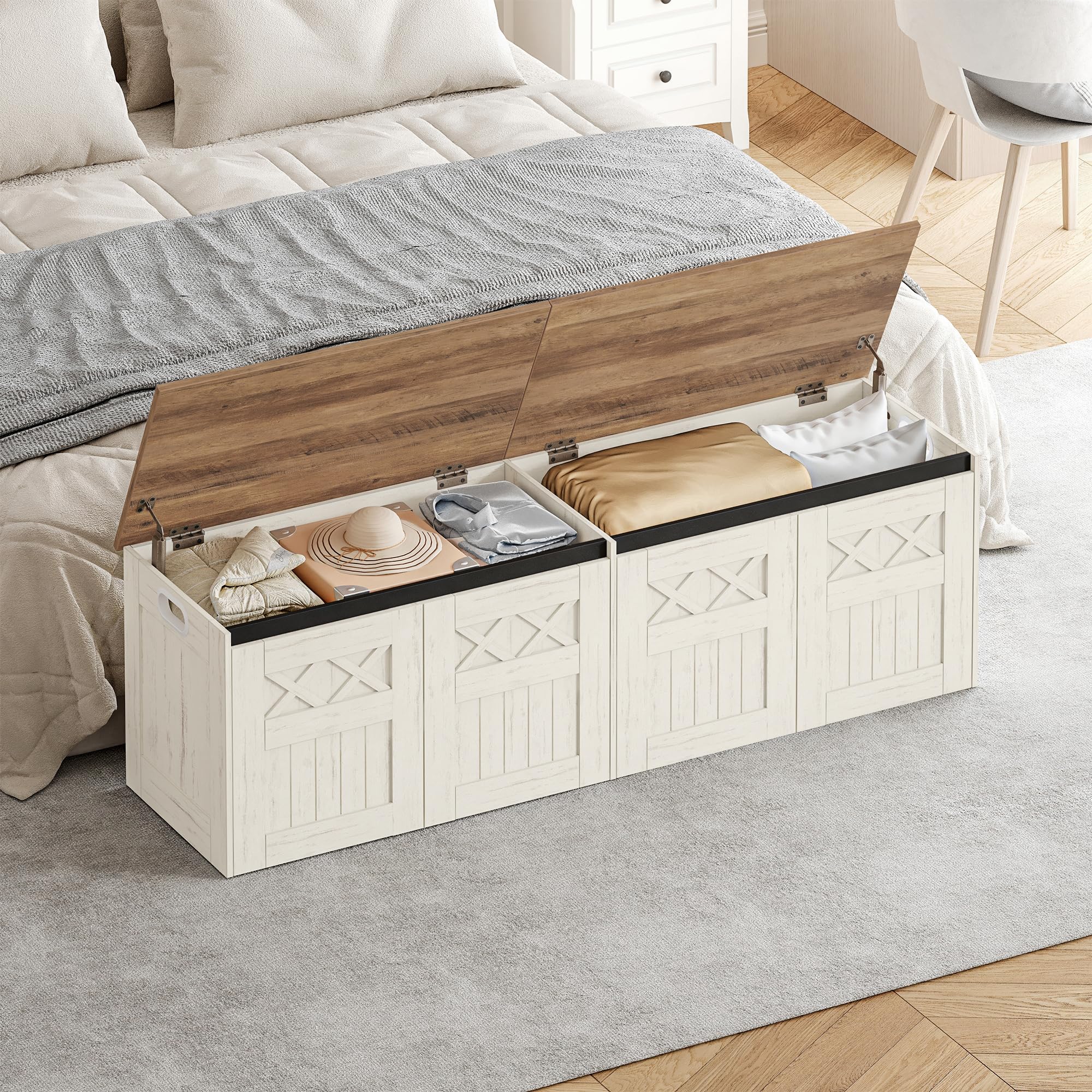 Hzuaneri Schuhbank mit Stauraum, 150 cm, Weiß Braun, Landhausstil | Sitztruhe, 2 Sicherheitsscharniere, 40 x 150 x 48,5 cm, für Flur, Schlafzimmer, Wohnzimmer, SB51514X