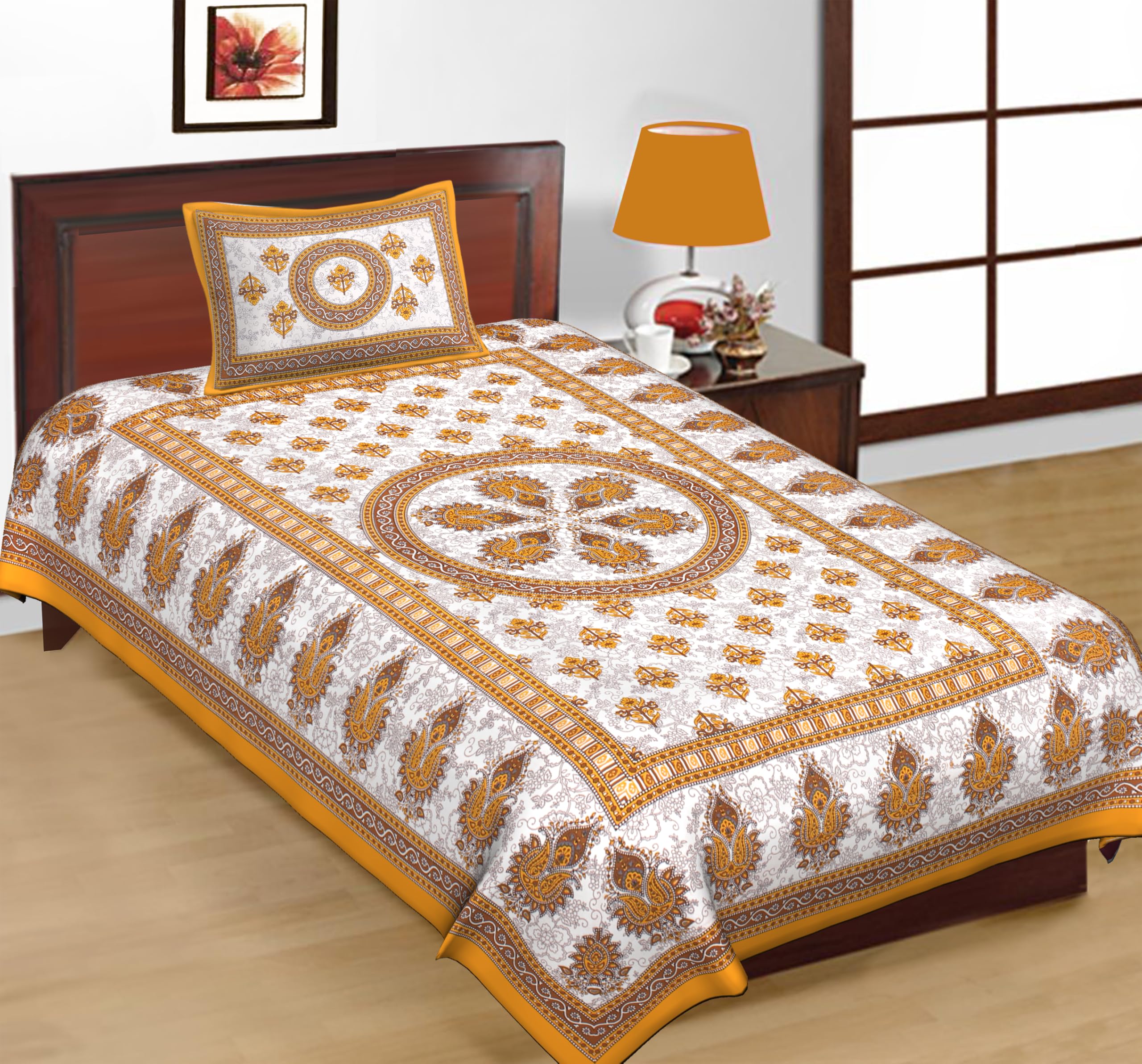 Single Size Cotton Bedsheet 63x90 Inches with 1 Pillow Cover Soft & Breathable Printed Bed Sheet (Brown_)-image-9