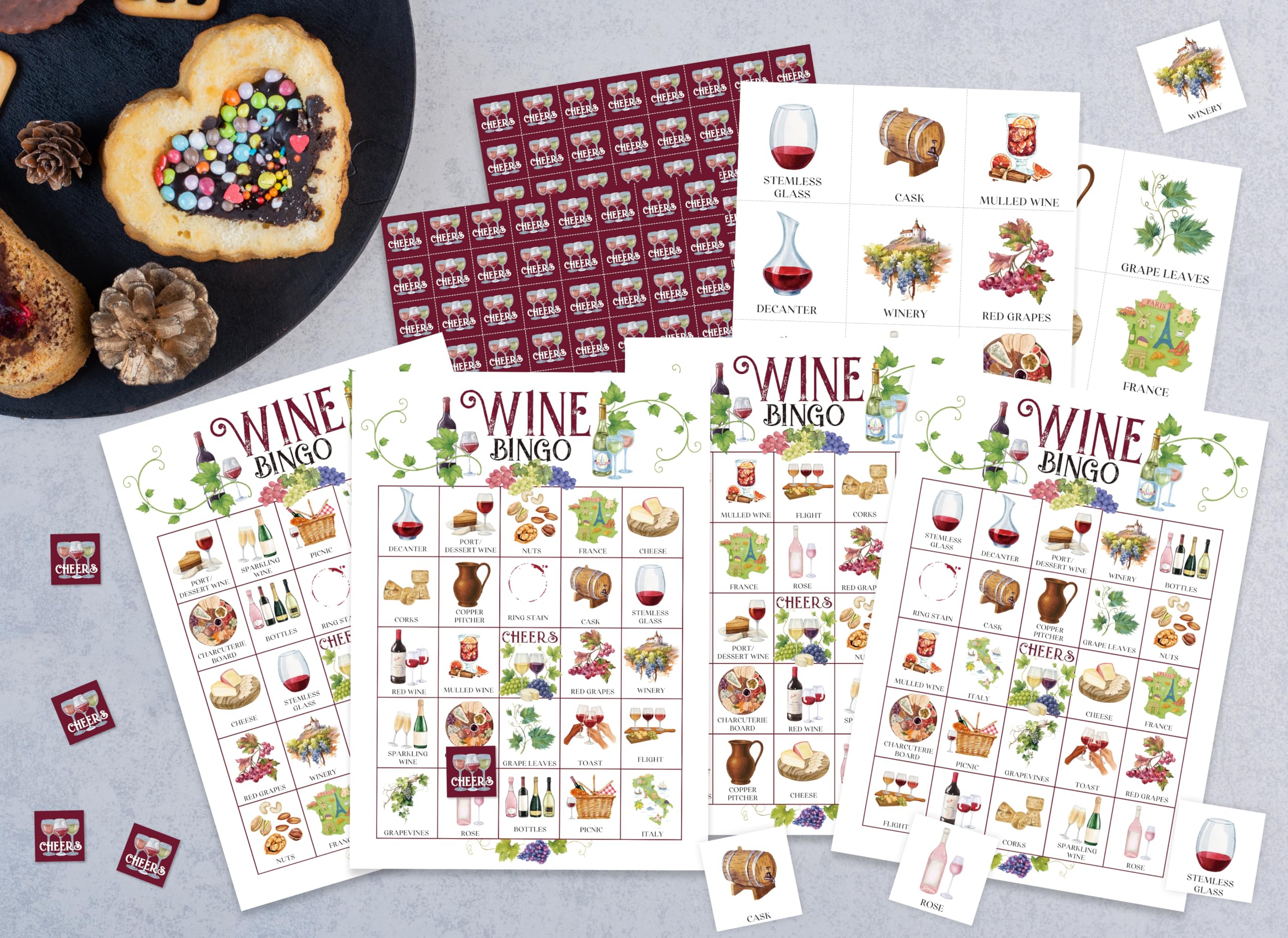 Juego de bingo de vino, tarjetas de juego de fiesta de cata de vino para adultos, 24 jugadores, actividades de alegría para familiares, amigos, bodega, despedida de soltera o despedida de