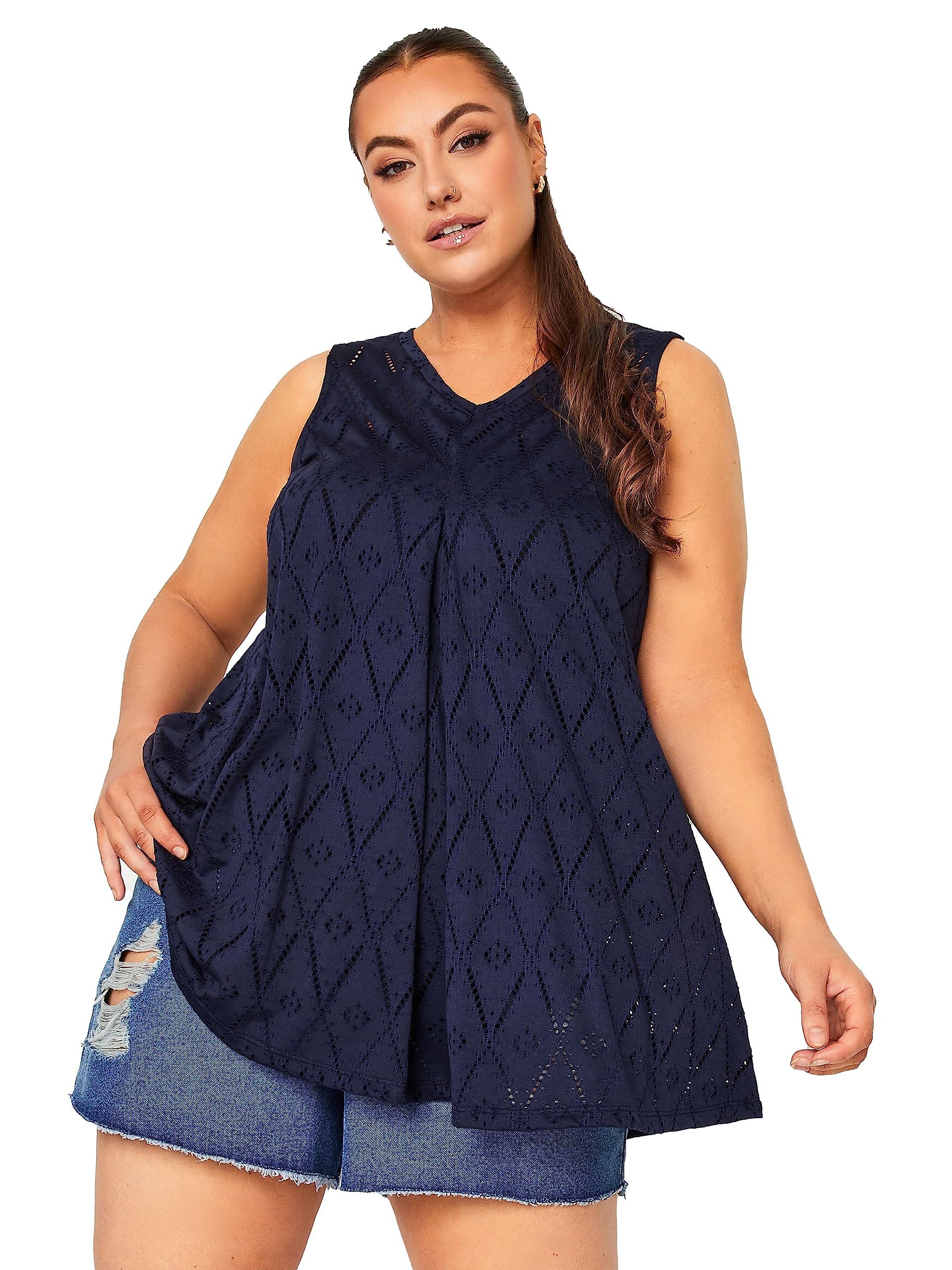 Yours Curve Blue Broderie Anglaise Pleated Vest Top - Women's - Plus Size Curve