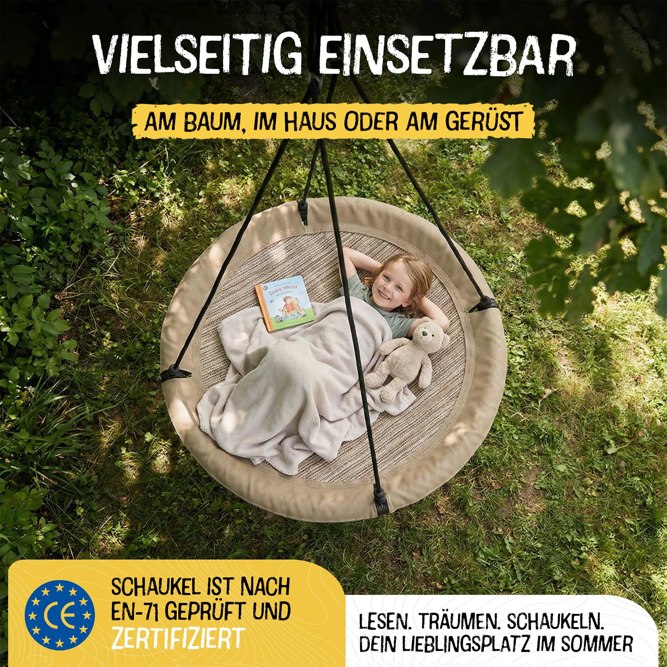 FRIEDO Nestschaukel Outdoor 90/110 cm I Netzschaukel bis 150 kg I Wasserabweisend & UV-beständiger Bezug I Höhenverstellbar I Rostfreier Stahlrahmen I Kein Ausbleichen I Korbschaukel schnell montiert