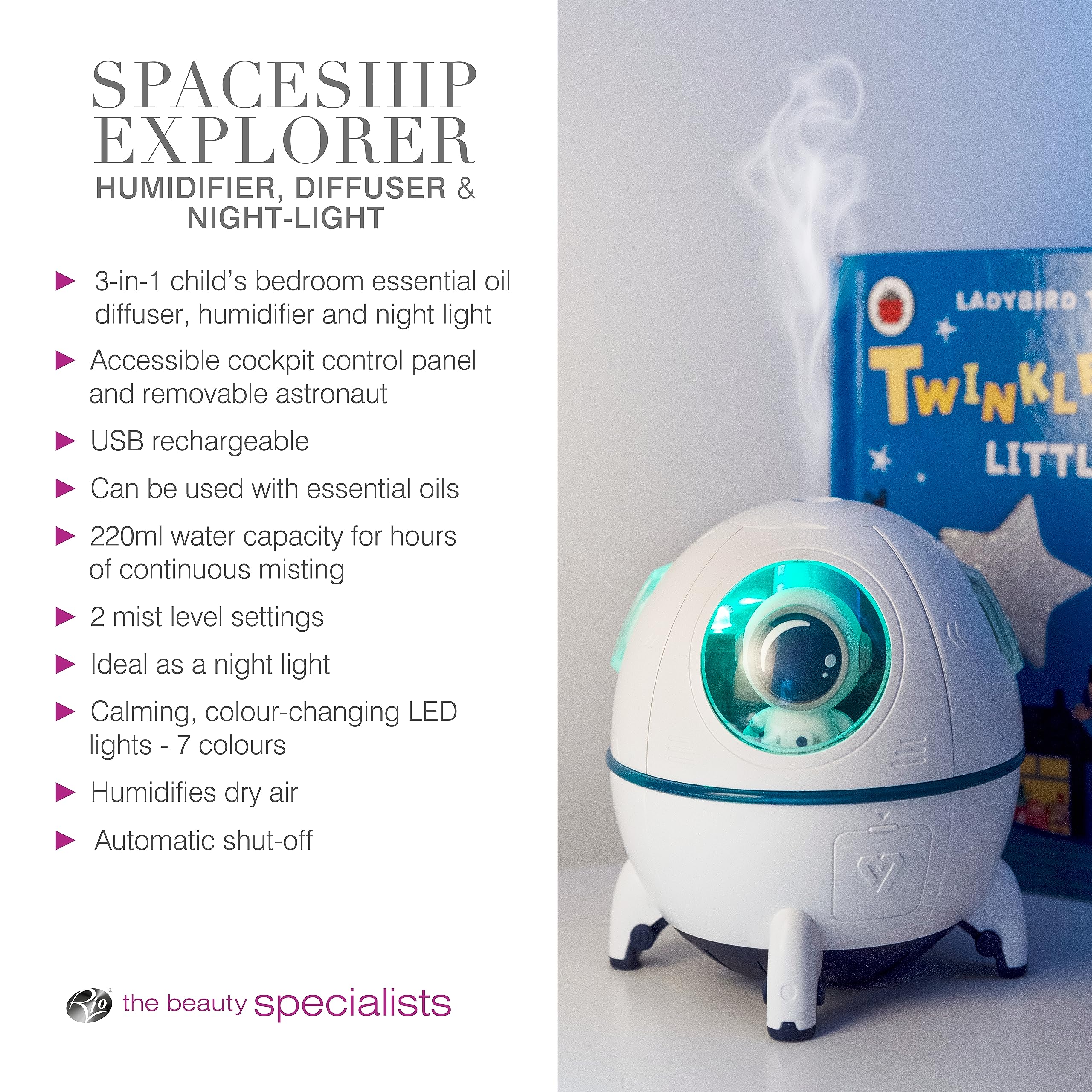 Rio Spaceship Explorer dyfuzor olejków eterycznych dla dzieci, nawilżacz i lampka nocna