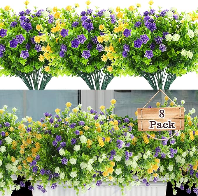 ALAGIRLS Outdoor Artificial Flowers UV Resistant 8 Bundles, Plastic