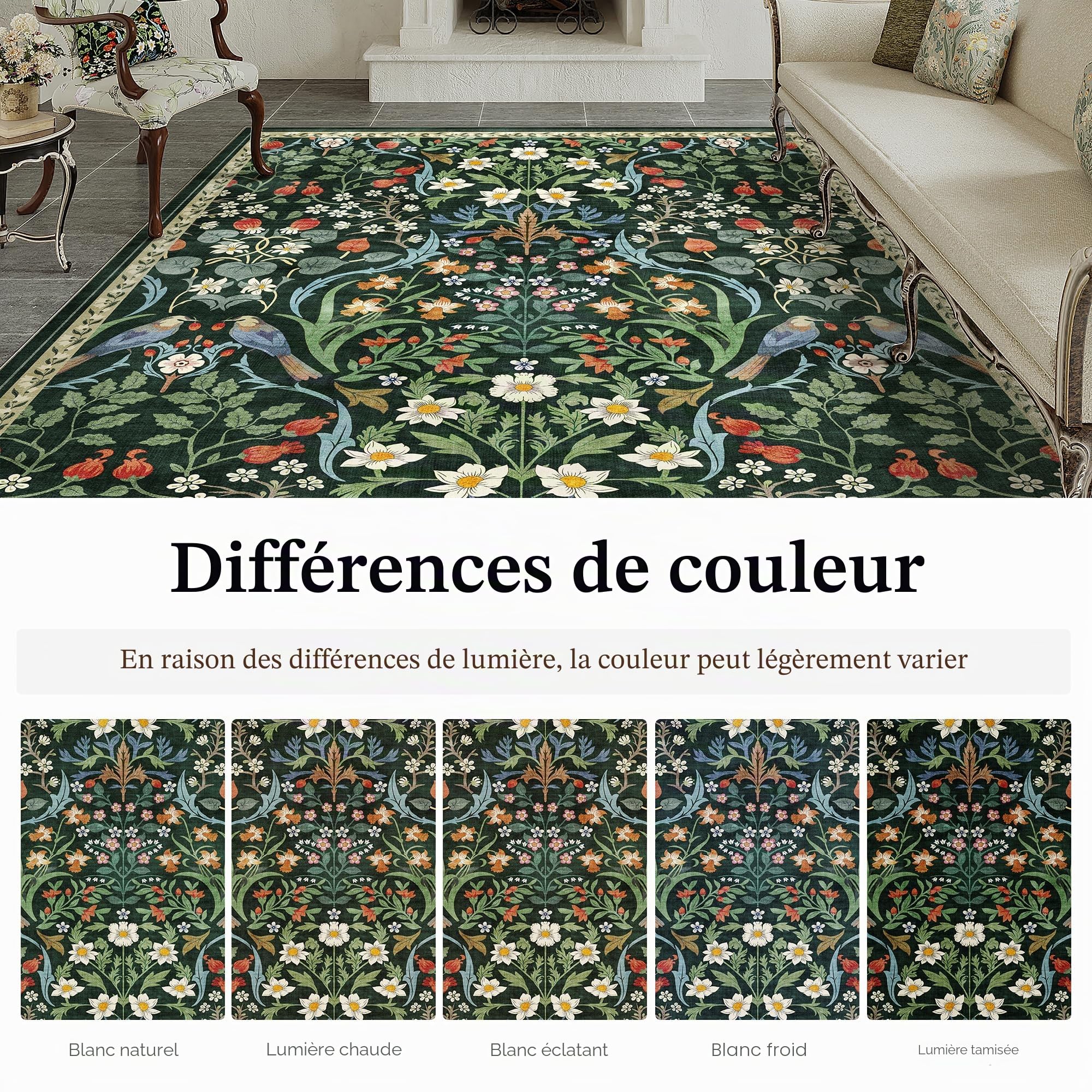 PureCozy Tapis Salon 200x300cm Lavable Motif Floral Poils Courts Antidérapant Doux Boho Vintage Grand Tapis pour Chambre Salle À Manger Bedroom Living Room, Vert