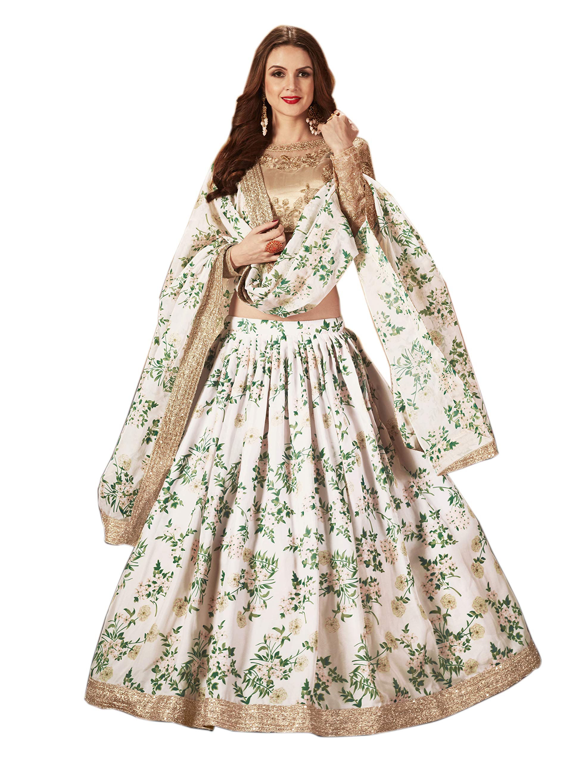 MEGHALYA� Women's Organza Semi Stitched floral Lehenga Choli (ZC 7605; Off-White; Beige; free size)