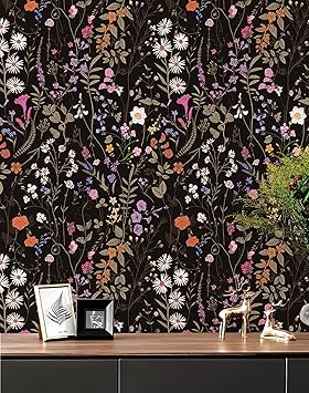 JiffDiff Floral Wallpaper Peel and Stick, Self Adhesive Wallpaper for Home Bedroom Cabinets and Kitchen Countertop Peel and Stick Thicken Contact Paper 17.3"x118", Dark Floral