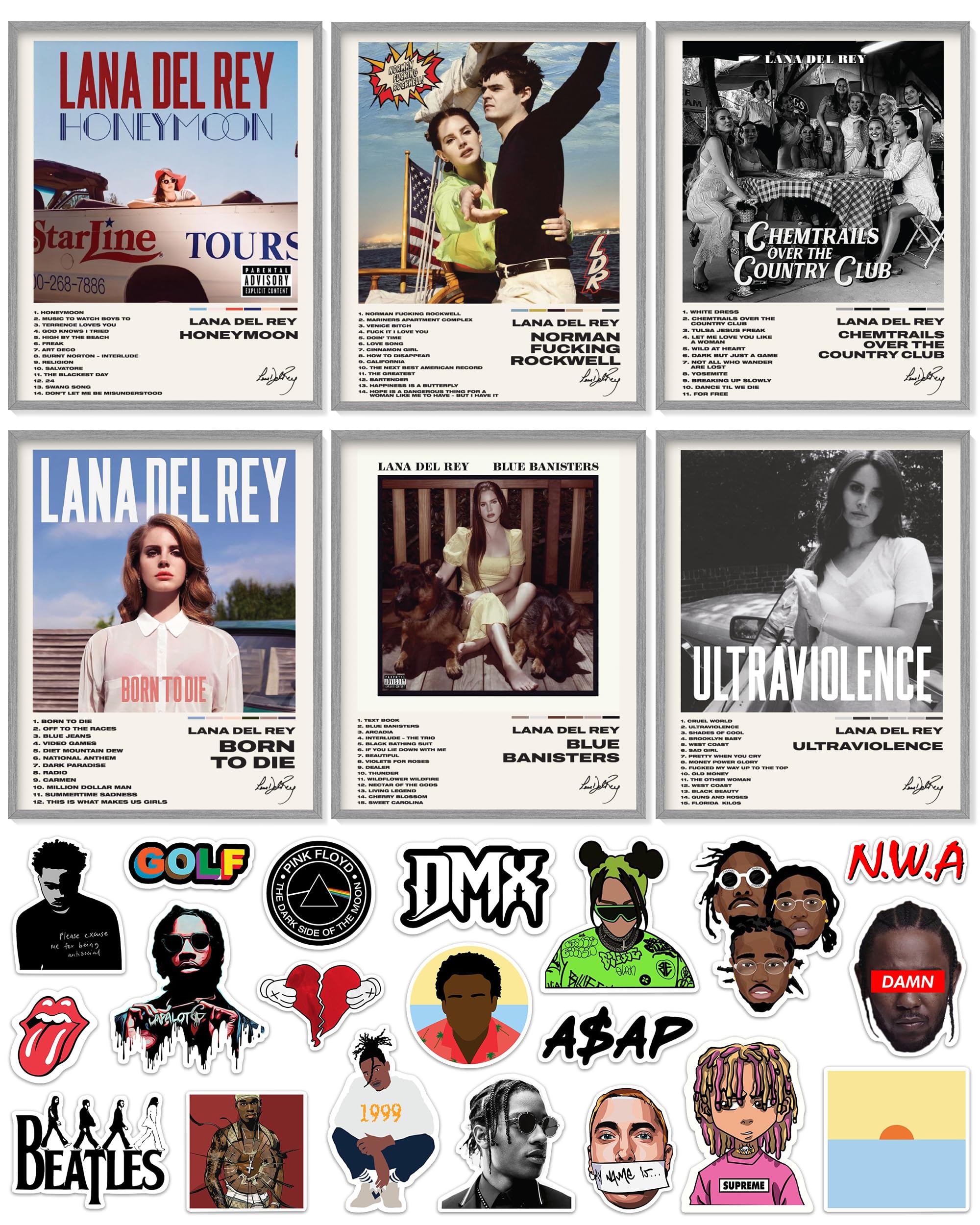 Unique America 6 Pcs| Posters, Album Cover Posters, Lana Del Ray, Music Posters, Album Covers For Wall Decor, Lana Del Rey Posters 8x10” Total 6 Lana Del Rey Poster & 20 Stickers White Design Unframed