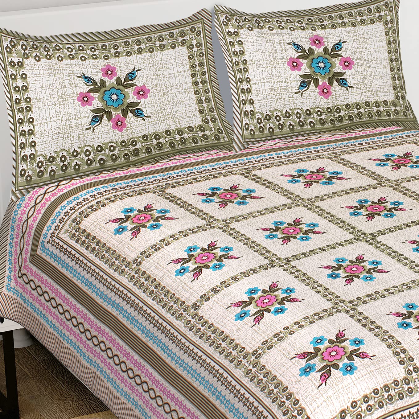 RHF Cotton Double Bedsheet with 2 Pillow Covers - Orange and White (Multicolor-4, Double)