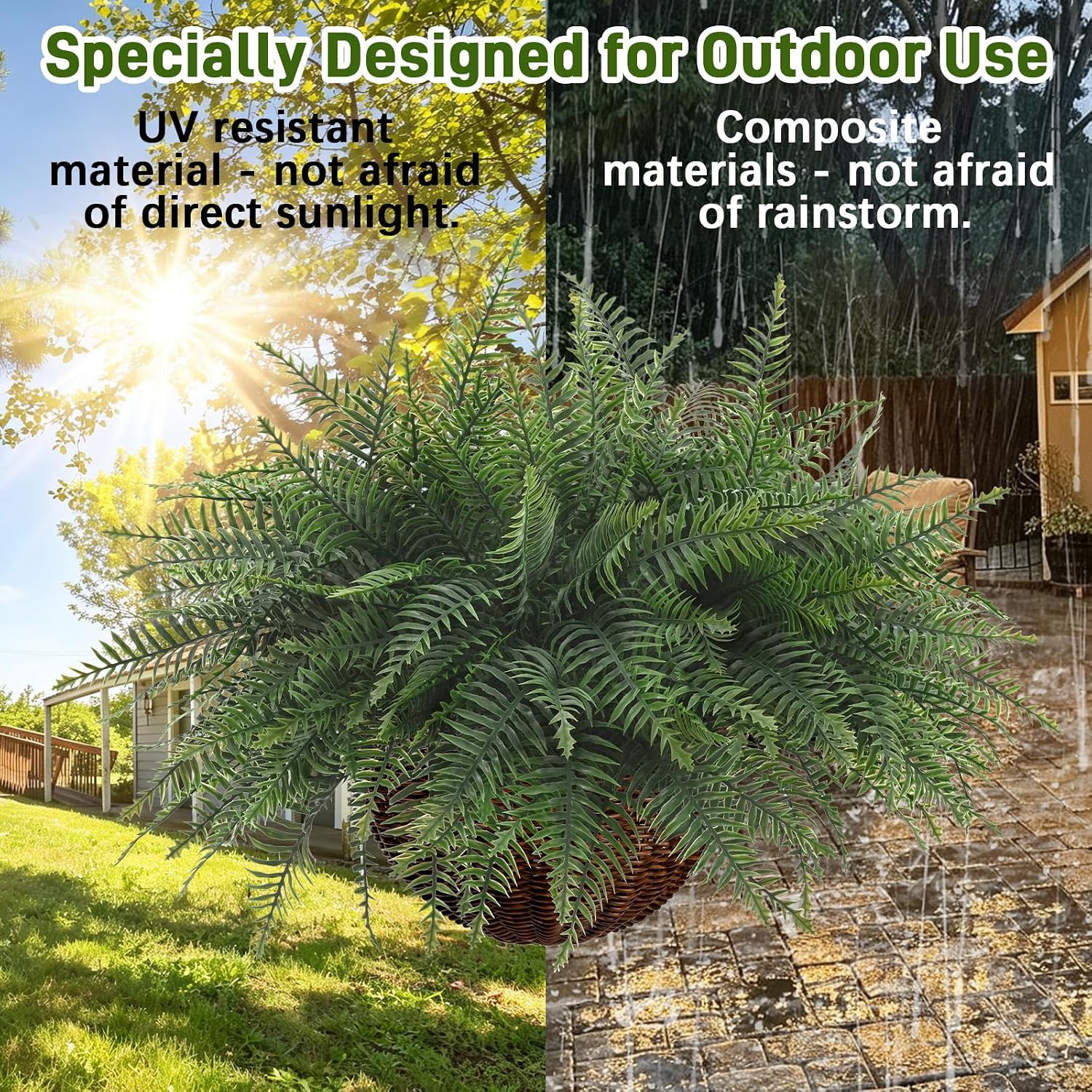 Waipfaru 2 Pack Fake Hanging Fern Plants Outdoor - Dark Green
