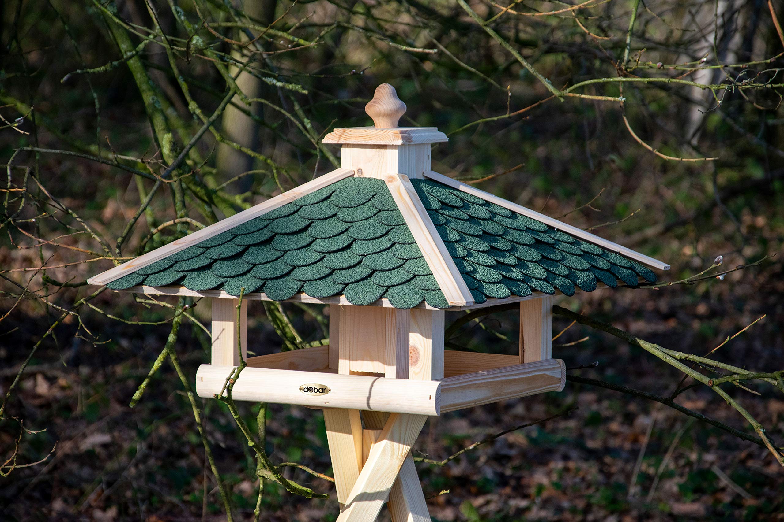 dobar® 98540FSCe Großes Vogelfutterhaus - XL Vogelvilla aus Massivholz - Vogelhaus mit Bitumen Dachschindeln - Futterstation für Ständermontage - Futterspender Wildvogel - 54 x 54 x 38 cm - Grün
