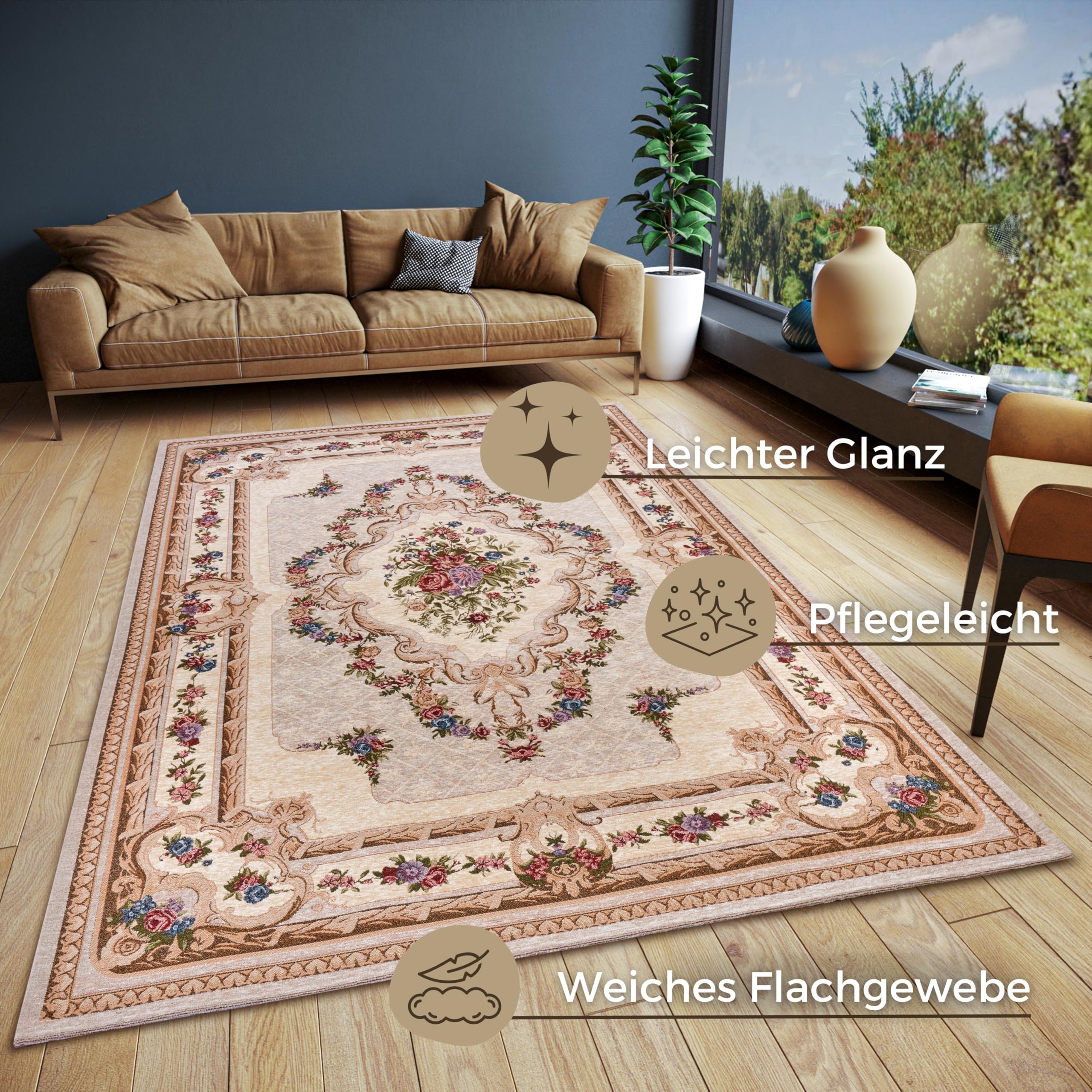 Hanse Home Hafsa Design Tapis Oriental tissé à Plat Motif Fleurs orientales, Dessous antidérapant, tissé de qualité supérieure, pour Salon, Chambre à Coucher, Salle à Manger, Couloir, crème,