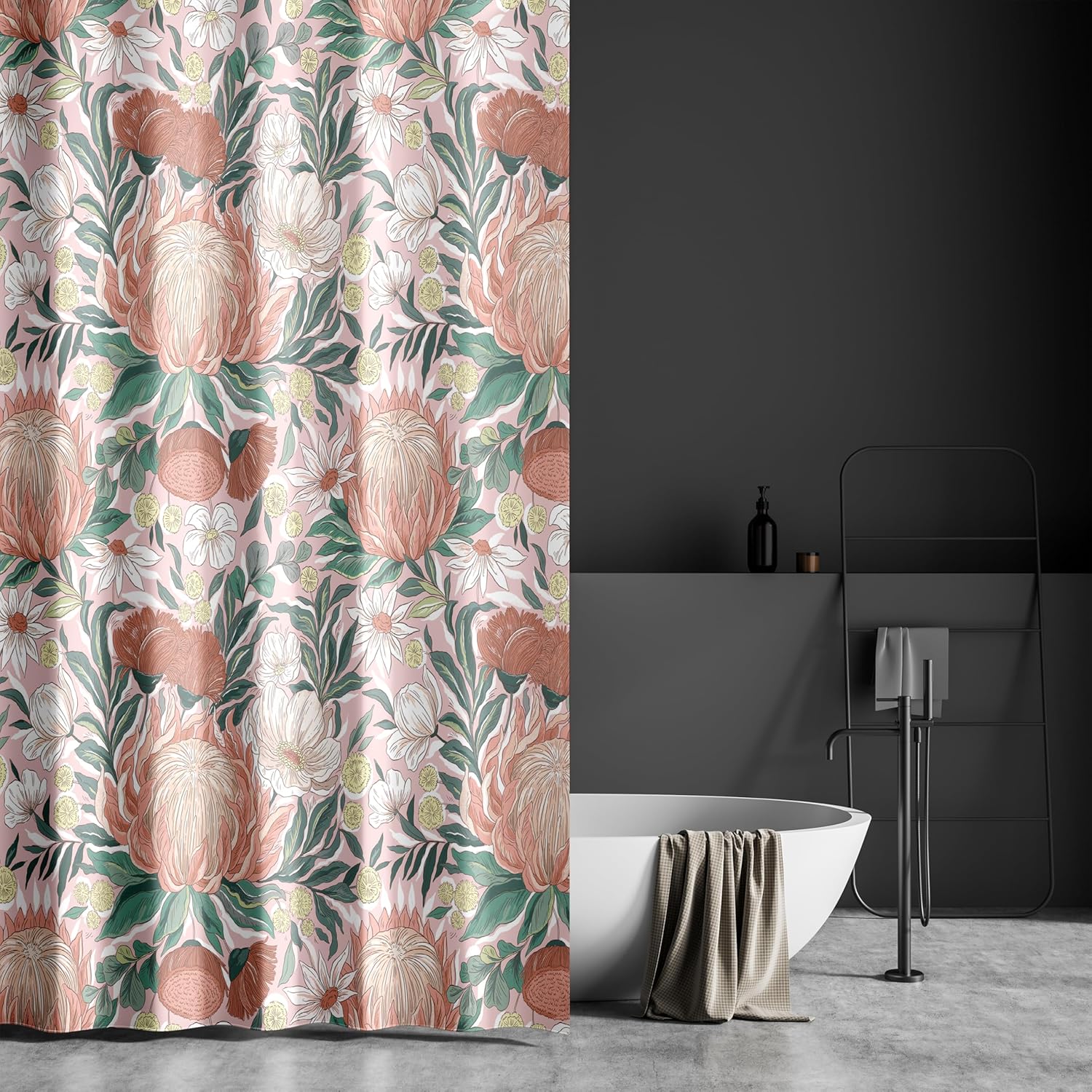 Fabric Shower Curtain for Bathroom | Floral Blooms Fabric Shower Curtain with Classic Flower Pattern in Pink Green and White | Water-Repellent Machine-Washable Set Includes 12 Stainless Steel Hooks