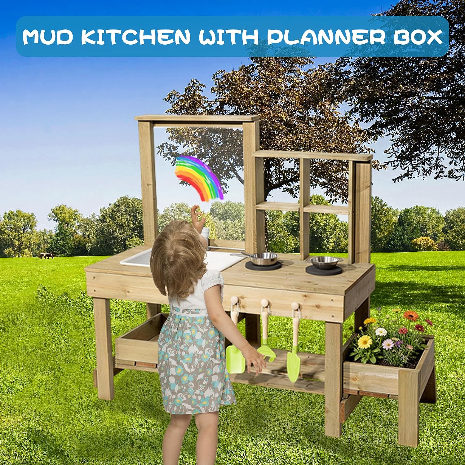 Mud Kitchen Playset for, Outdoor Wooden Toy Play Kitchen Set for Boys and Girls, Kitchen Accessories and Garden Sink with Faucet & Storage Shelves for Backyard Garden Toy (Natural)