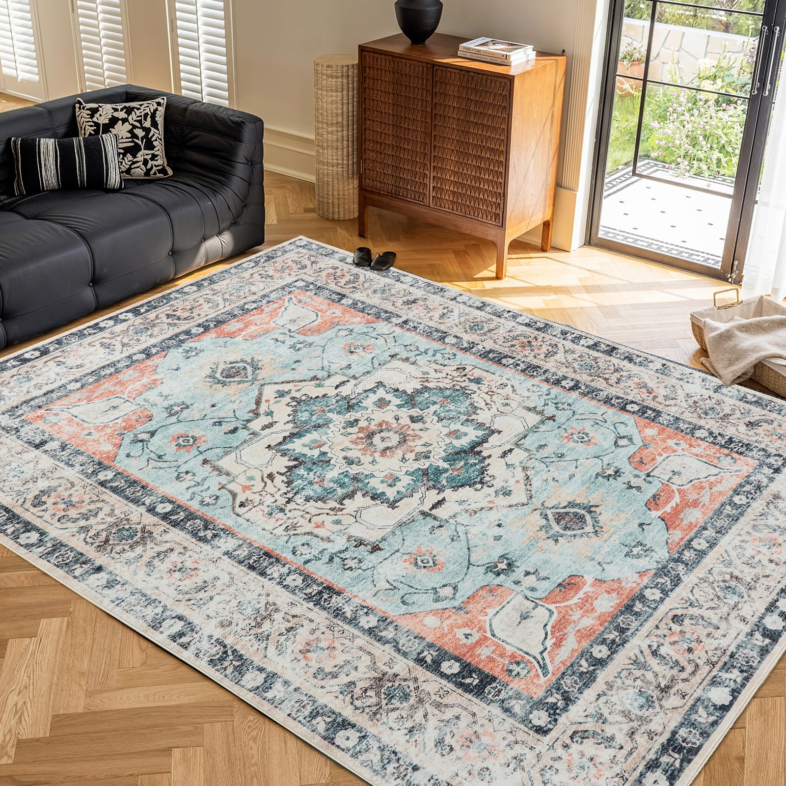 CHOSHOME Vintage Teppich Wohnzimmer 240X340CM Waschbarer Kurzflor Boho Weiche Teppich Mit Orient Design für Esszimmer Carpet for Schlafzimmer Esszimmer Küche Orange-Grün