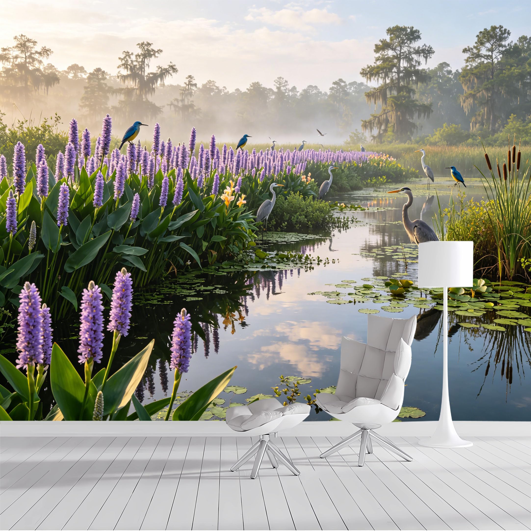 Custom Size Wall Mural Serene Swamp Birds Aquatic Flowers Foggy Landscape Watercolor SelfAdhesive Wall Fabric Removable Peel and Stick Wallpaper Wall Decor for Living Room Bedroom Bathroom