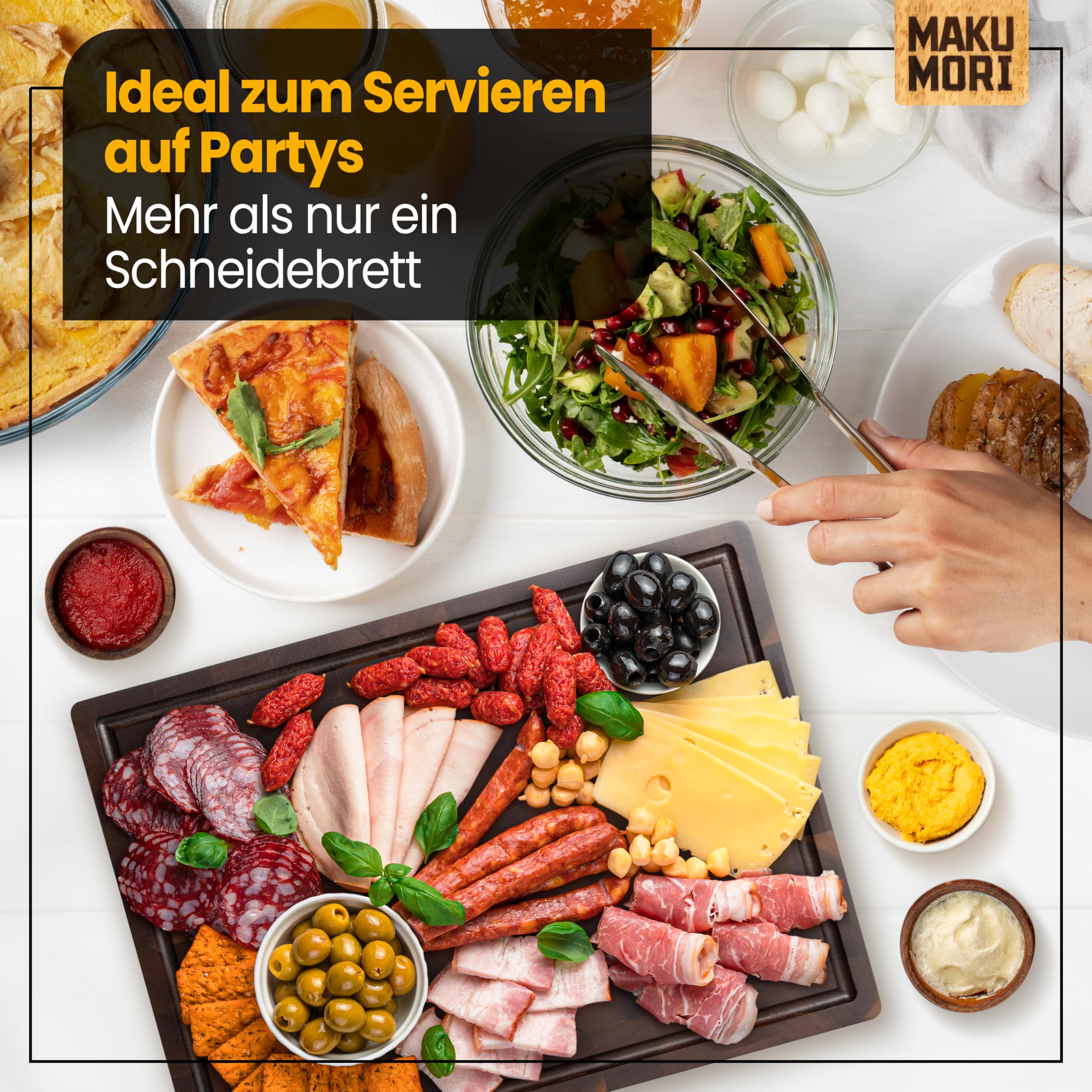 Premium Stirnholz Schneidebrett Massivholz 40x29x3cm Akazie Dunkel | Küchenbrett aus Akazienholz karbonisiert; FSC®; End Grain; tiefe Saftrinne; extra große Griffmulden; rutschfeste Gummifüße