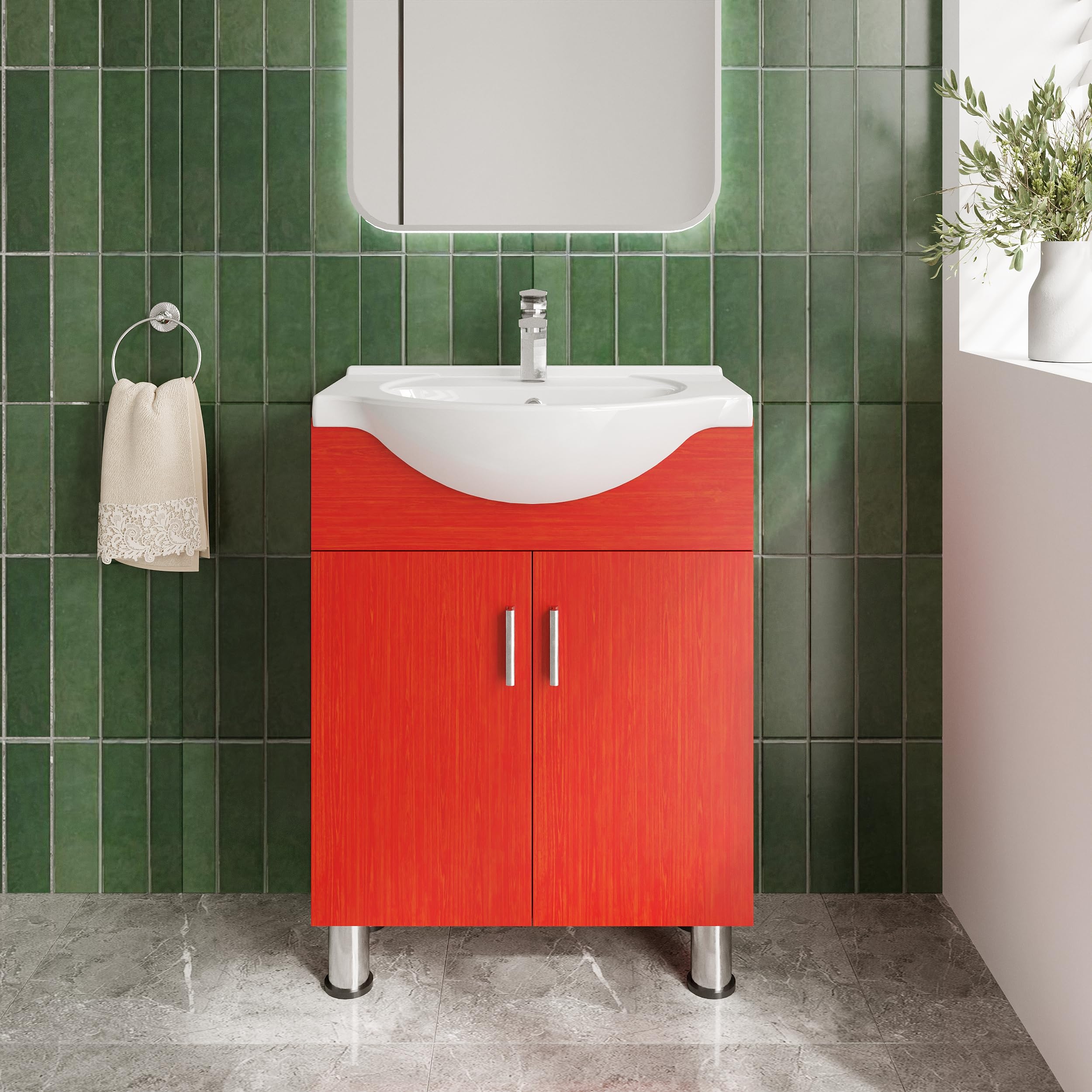 GenericLilly 24" W x 18" D x 34" H Euro-Style Vanity in Red with Ceramic Vanity Top in White