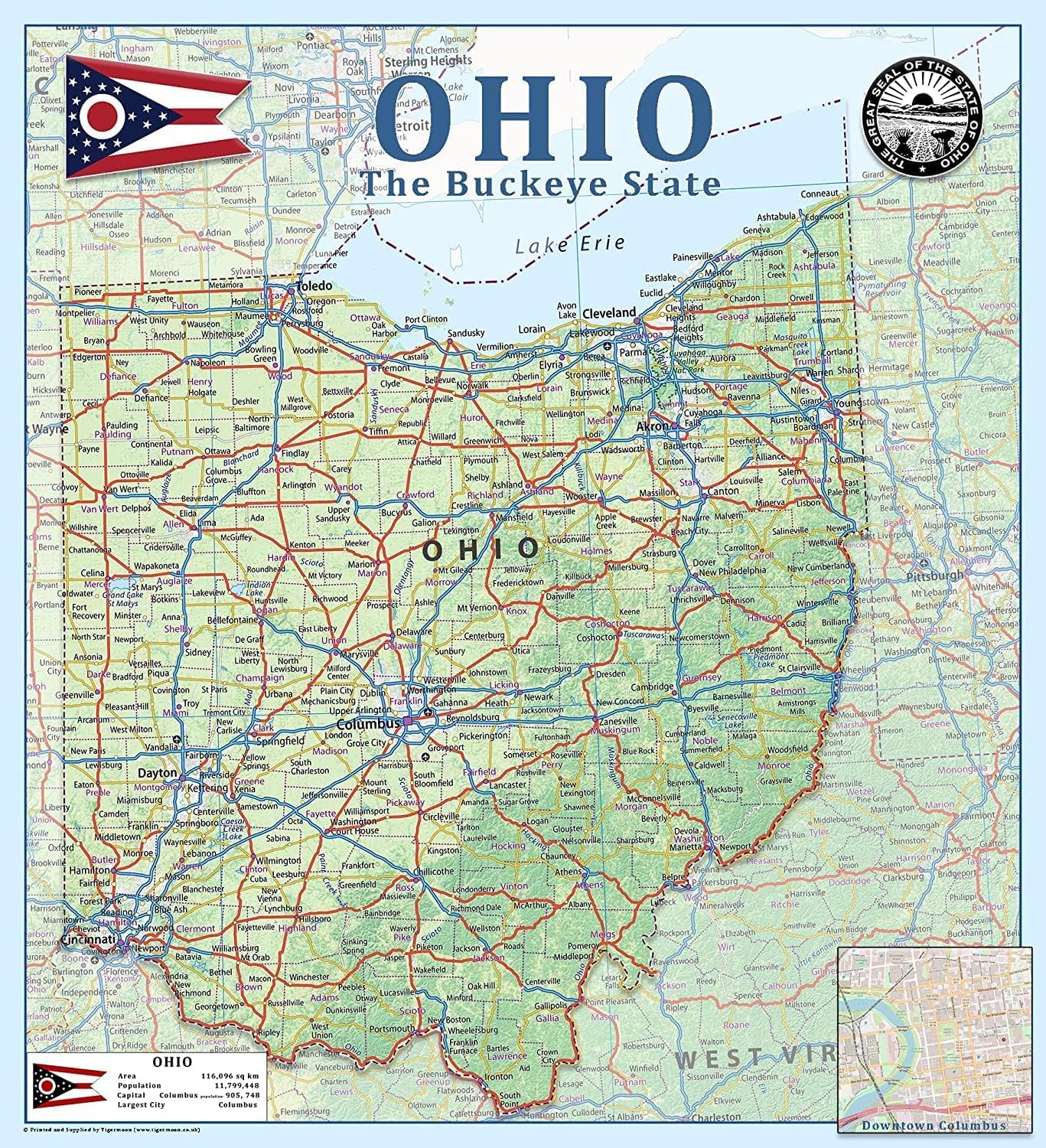 Carte de l'Ohio physique poster américain 41,5x45,7 cm papier laminé