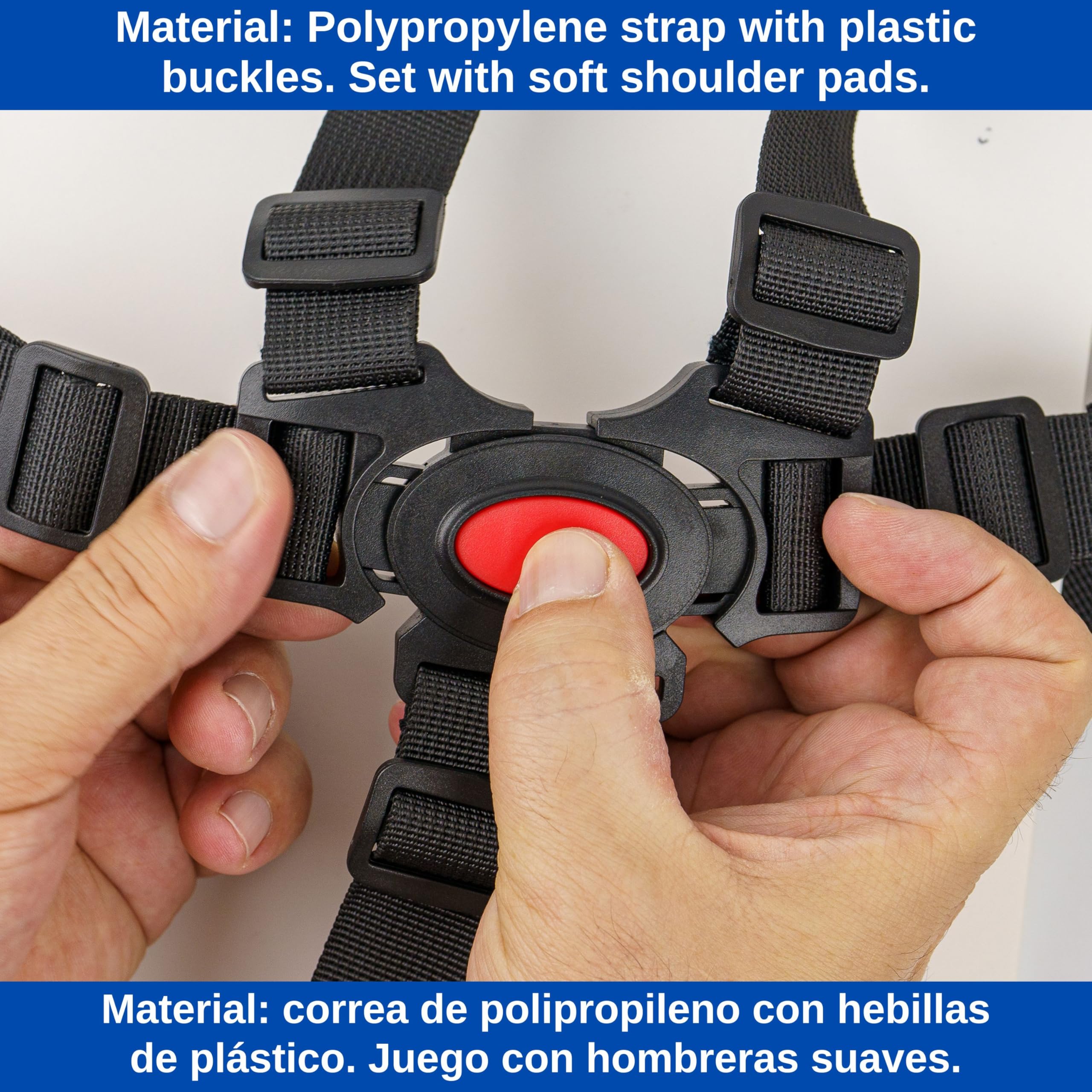Sistema Cinture a 5 Punti con spallacci per infilare – Accessori Passeggino, Carrozzina, Seggiolone – Cintura di Sicurezza Bambino, Imbracatura Facile da Collegare, con Fibbie a Barra per Anelli Fissi
