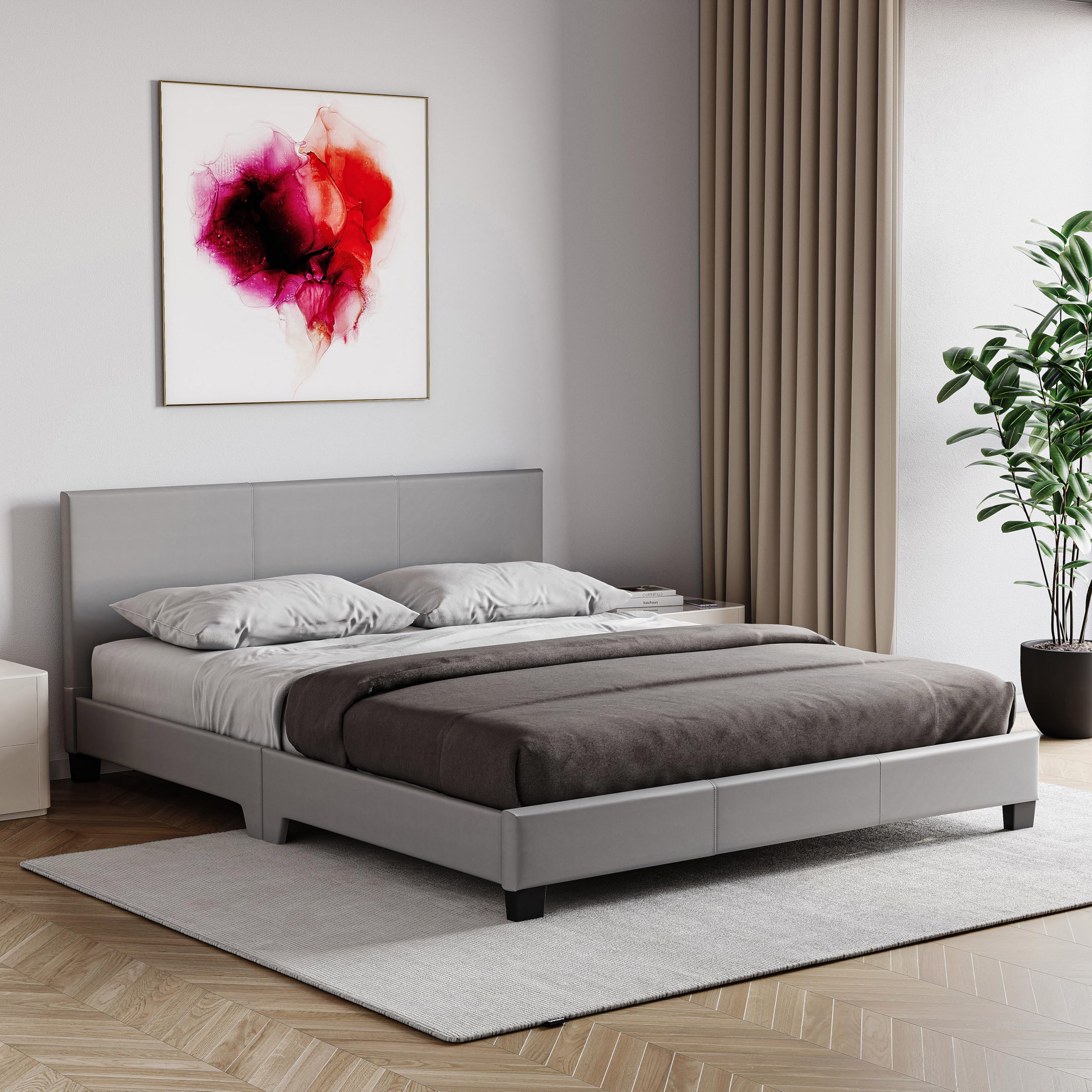 Vida Designs Lisbon Double Bed Frame with Mattress | Grey | 77 H X 142 W x 198 D cm | Faux Leather Upholstery | Padded Headboard | Low Foot End | Space Saving | UKFR | Modern Bedroom Furniture — image 1