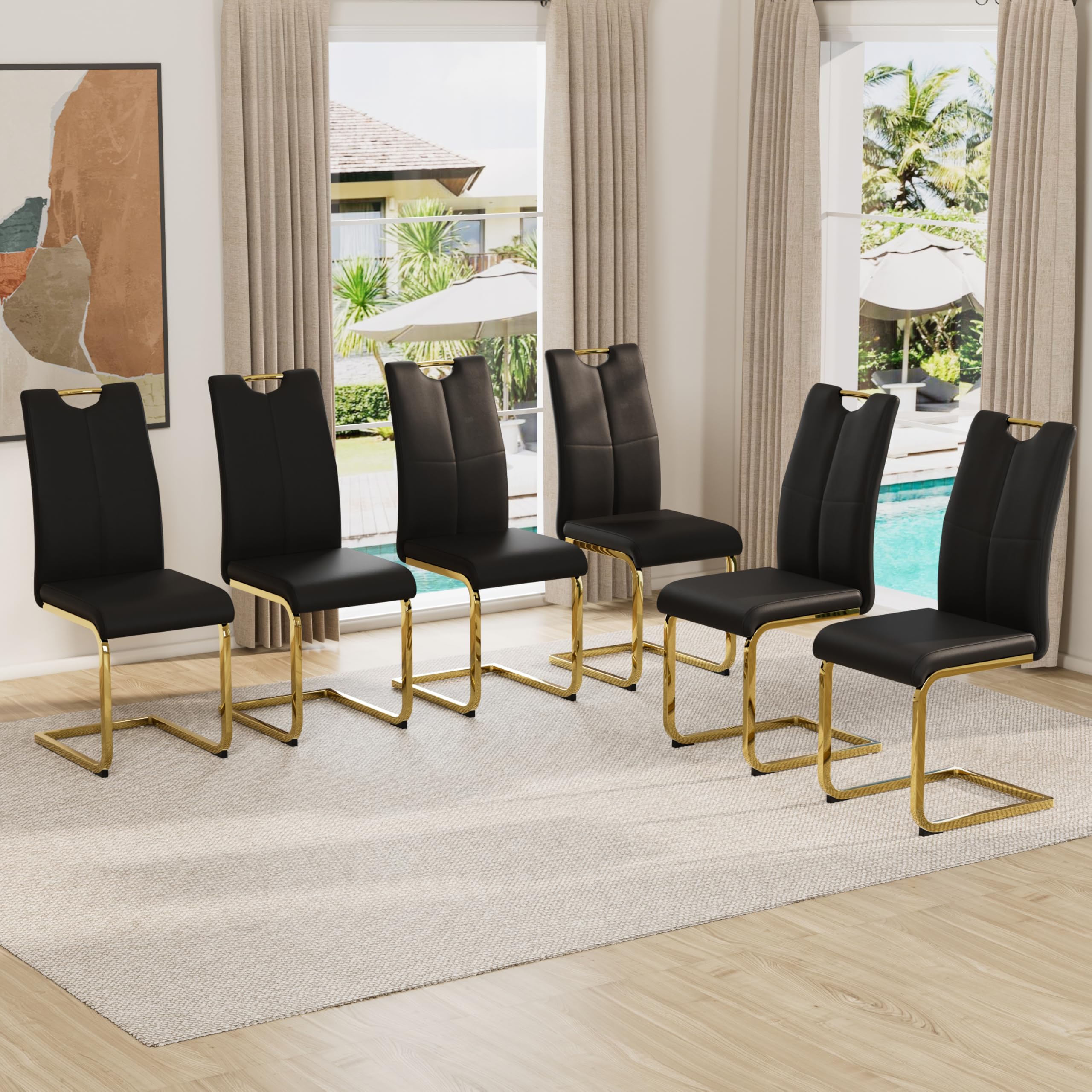 KATBOC Modern Dining Chairs Set of 6 PU Faux Leather High Back Upholstered Chairs with Gold Metal Legs for Kitchen Dining Room, Black