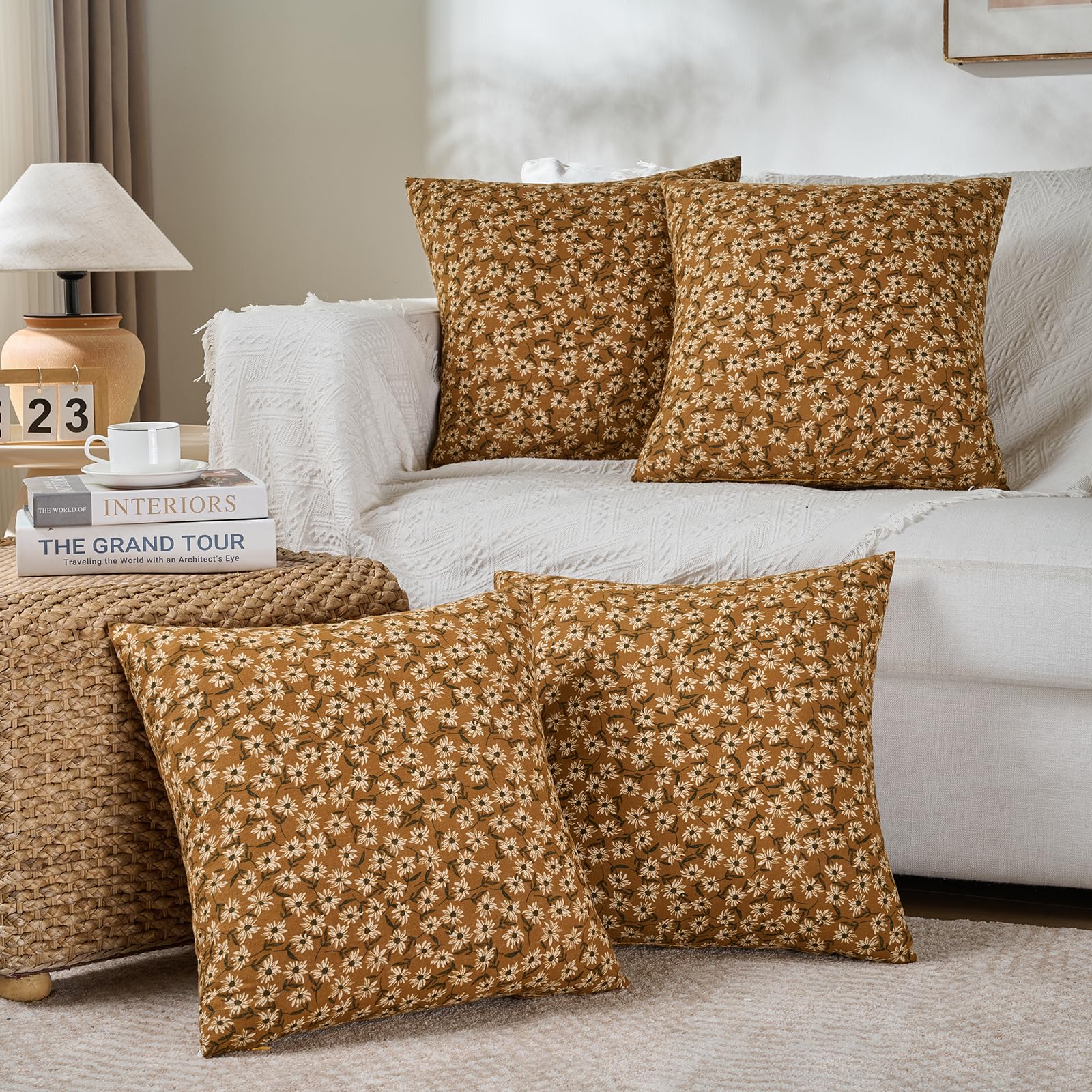 Fancy Homi Set of 4 Mustard Yellow Floral Vintage Square Decorative Throw Pillow Covers 18x18 Inch for Couch