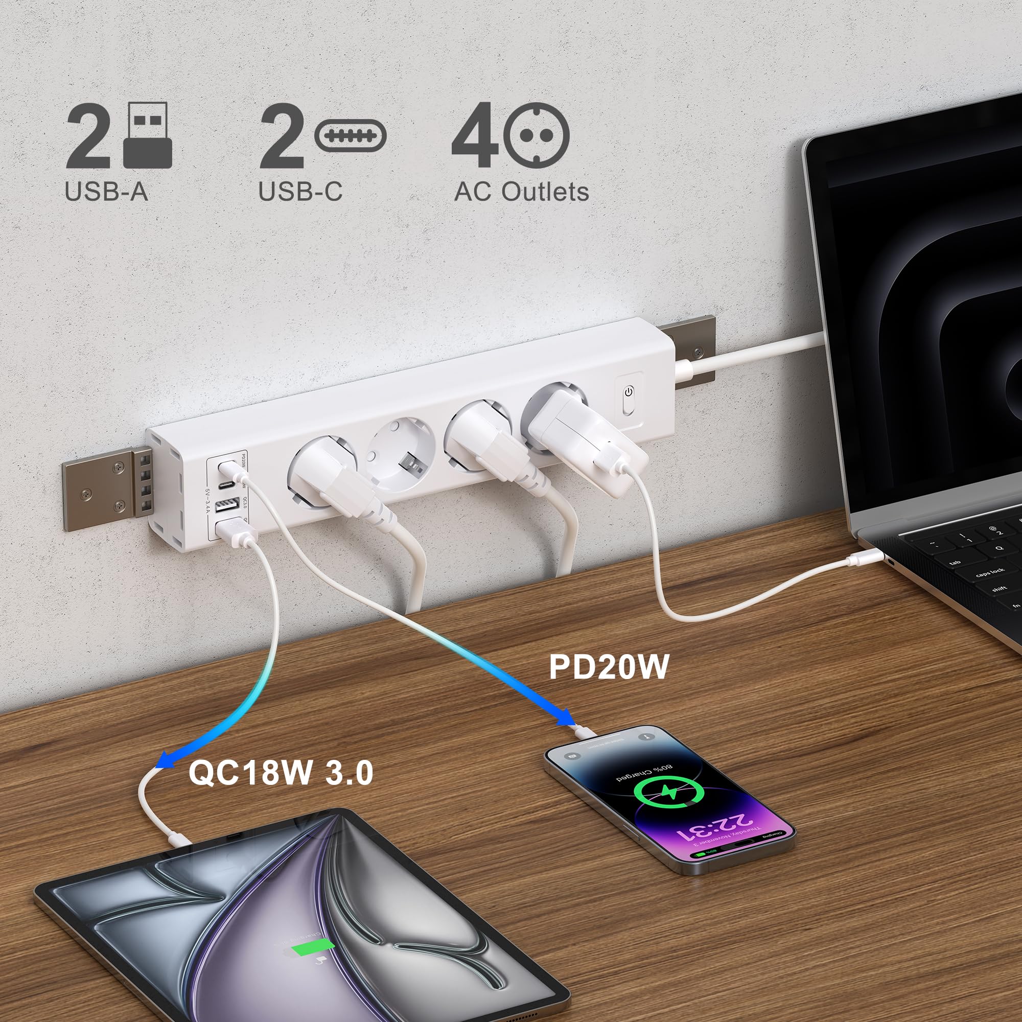 Listwa zasilająca z 4 gniazdami do montażu pod stołem, 2USB-C (PD20W) + 2USB-A (QC3.0 18 W), 4000 W, z wyłącznikiem przeciążeniowym, niewidoczne rozwiązanie do zarządzania kablami, kabel 2 m