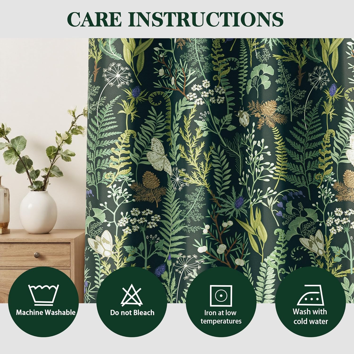 Botanical 100% Blackout Curtains for Bedroom 84 Inch Length 2 Panels Set Vintage Black Green Plant Floral Curtains Insulated Grommet Room Darkening Window Drapes for Living Room，52Wx84L